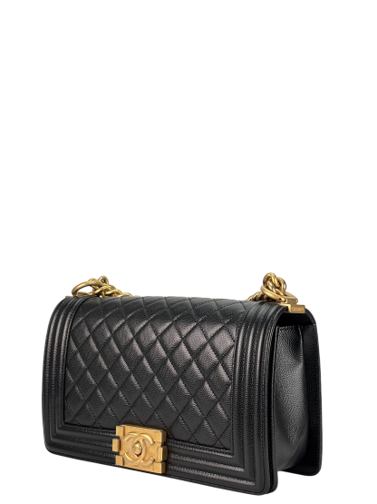 CHANEL - Black Caviar Quilted Medium Boy Flap Black Gold Hardware