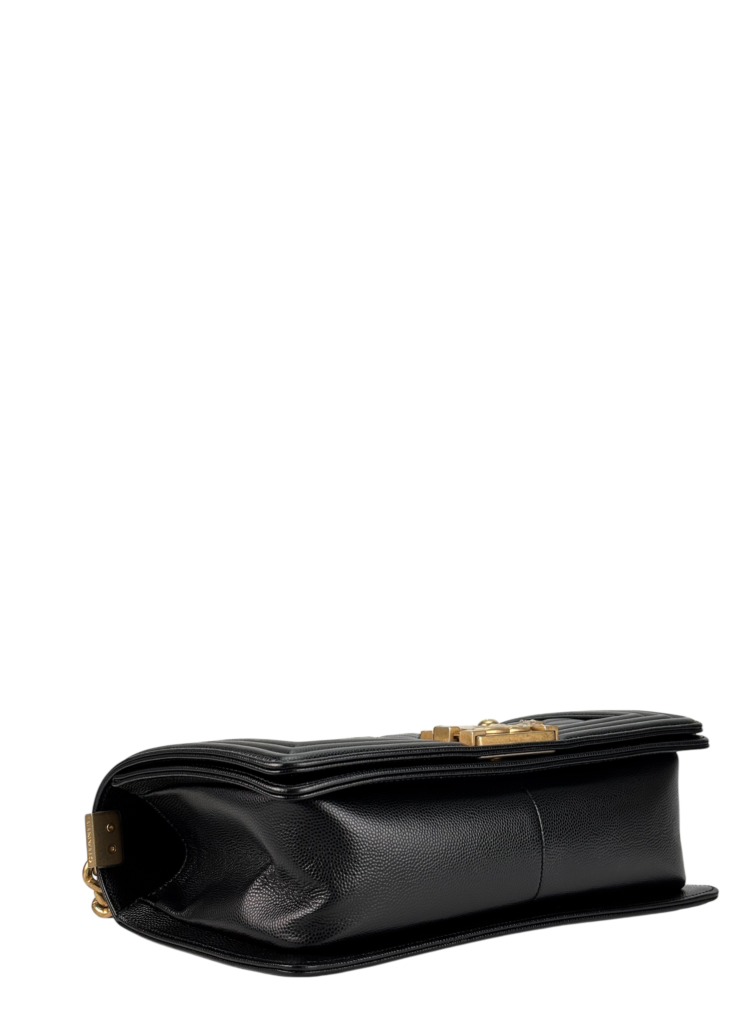 CHANEL - Black Caviar Quilted Medium Boy Flap Black Gold Hardware