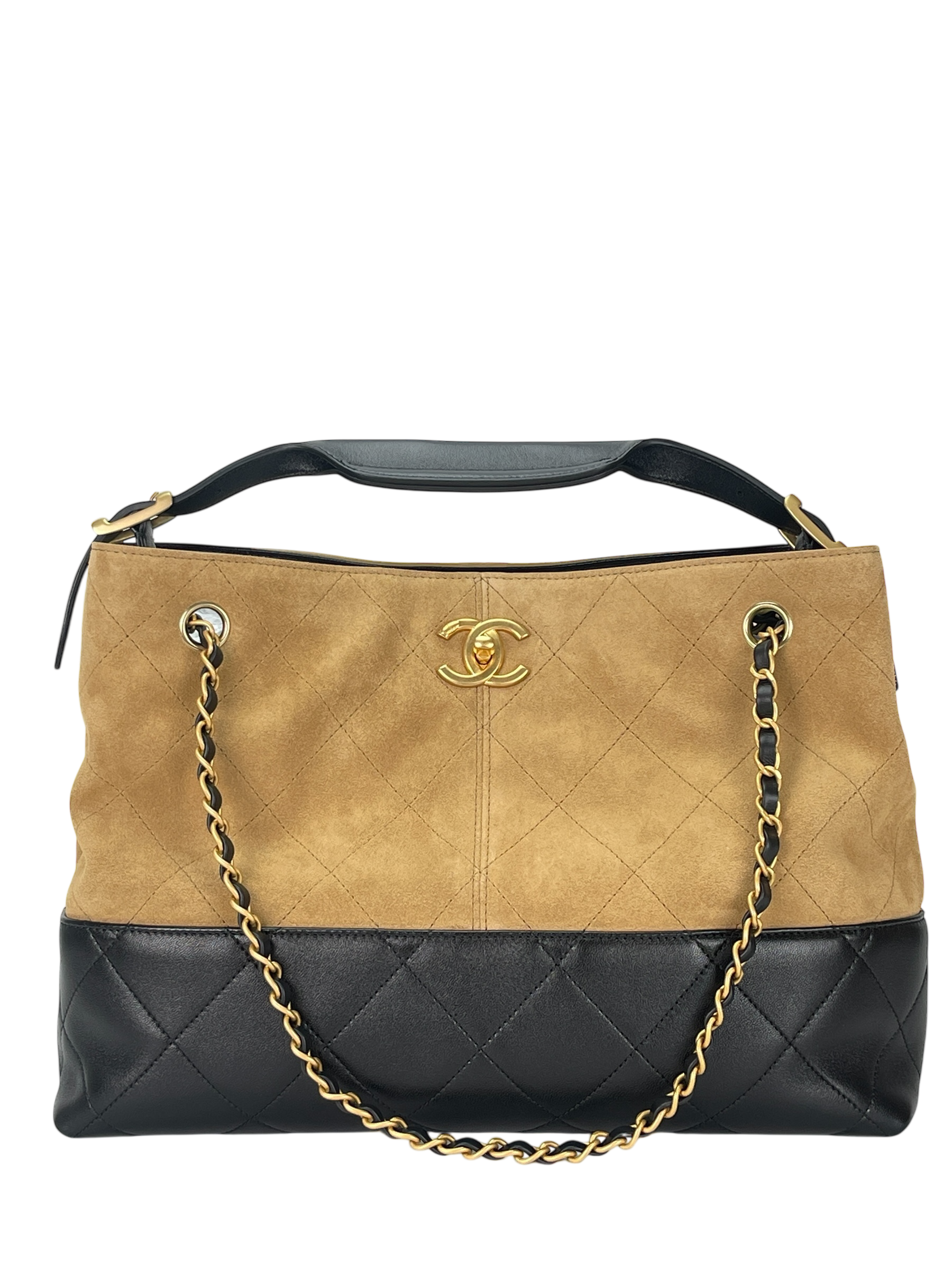 CHANEL - 25A Black Beige Suede Calfskin Lambskin 2Way Tote Bag