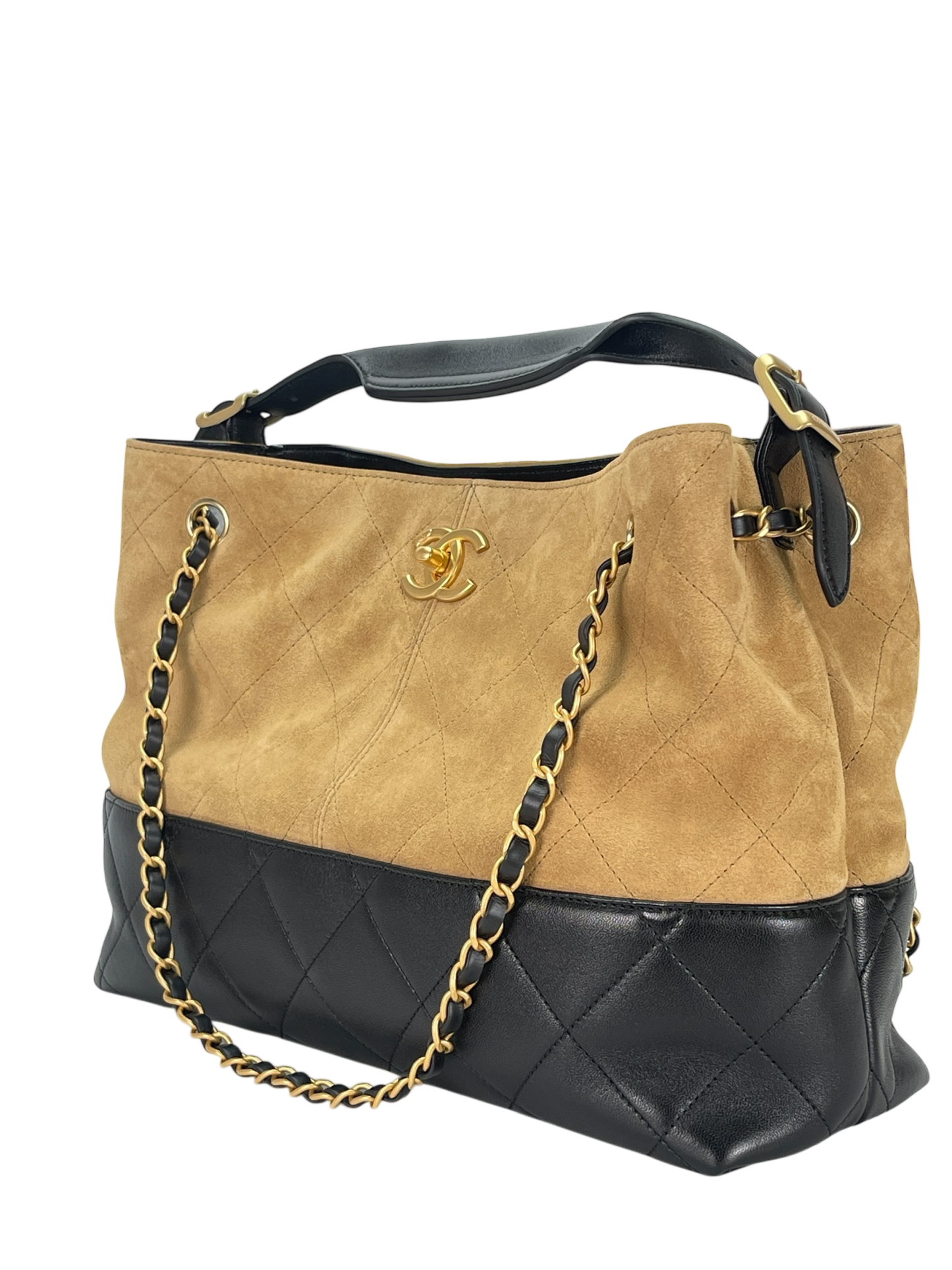 CHANEL - 25A Black Beige Suede Calfskin Lambskin 2Way Tote Bag