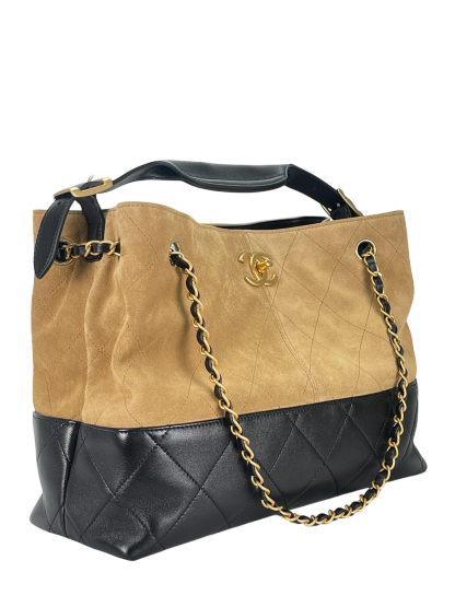 CHANEL - 25A Black Beige  Suede Calfskin Lambskin 2Way Tote Bag