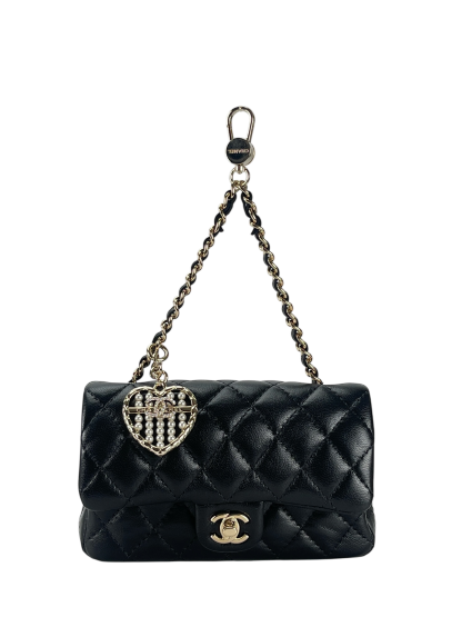 CHANEL - 25A Black Lambskin Mini Coco Mark Heart x Pearl Charm Bag 