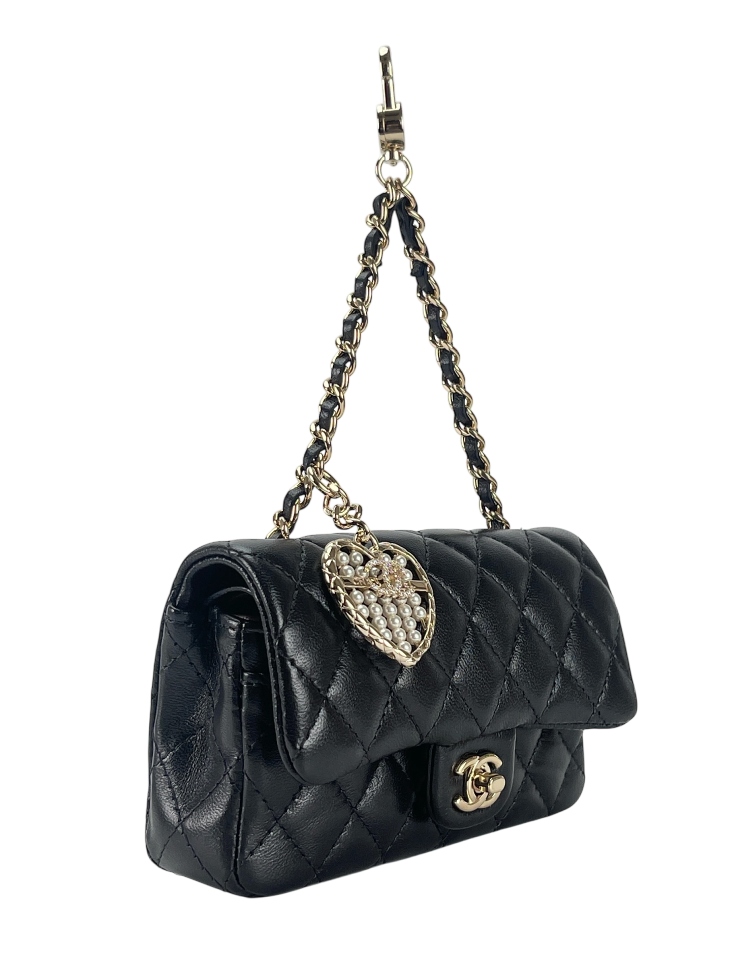 CHANEL - 25A Black Lambskin Mini Coco Mark Heart x Pearl Charm Bag 