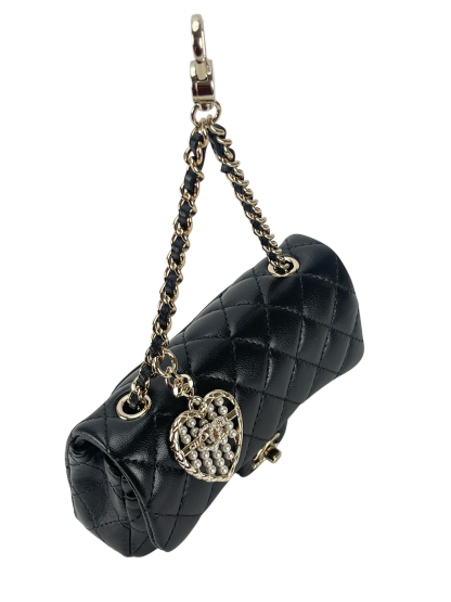 CHANEL - 25A Black Lambskin Mini Coco Mark Heart x Pearl Charm Bag 