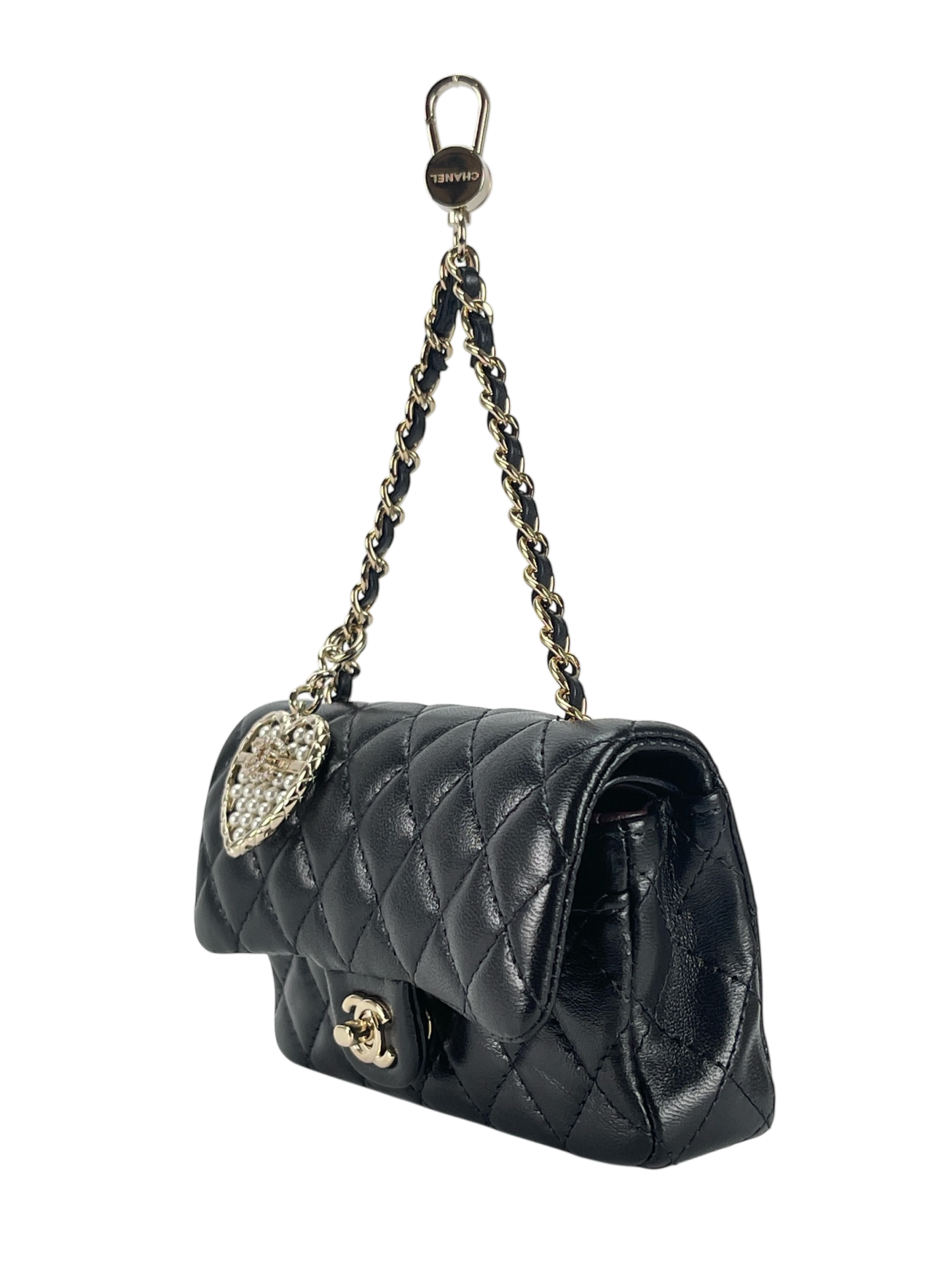 CHANEL - 25A Black Lambskin Mini Coco Mark Heart x Pearl Charm Bag 