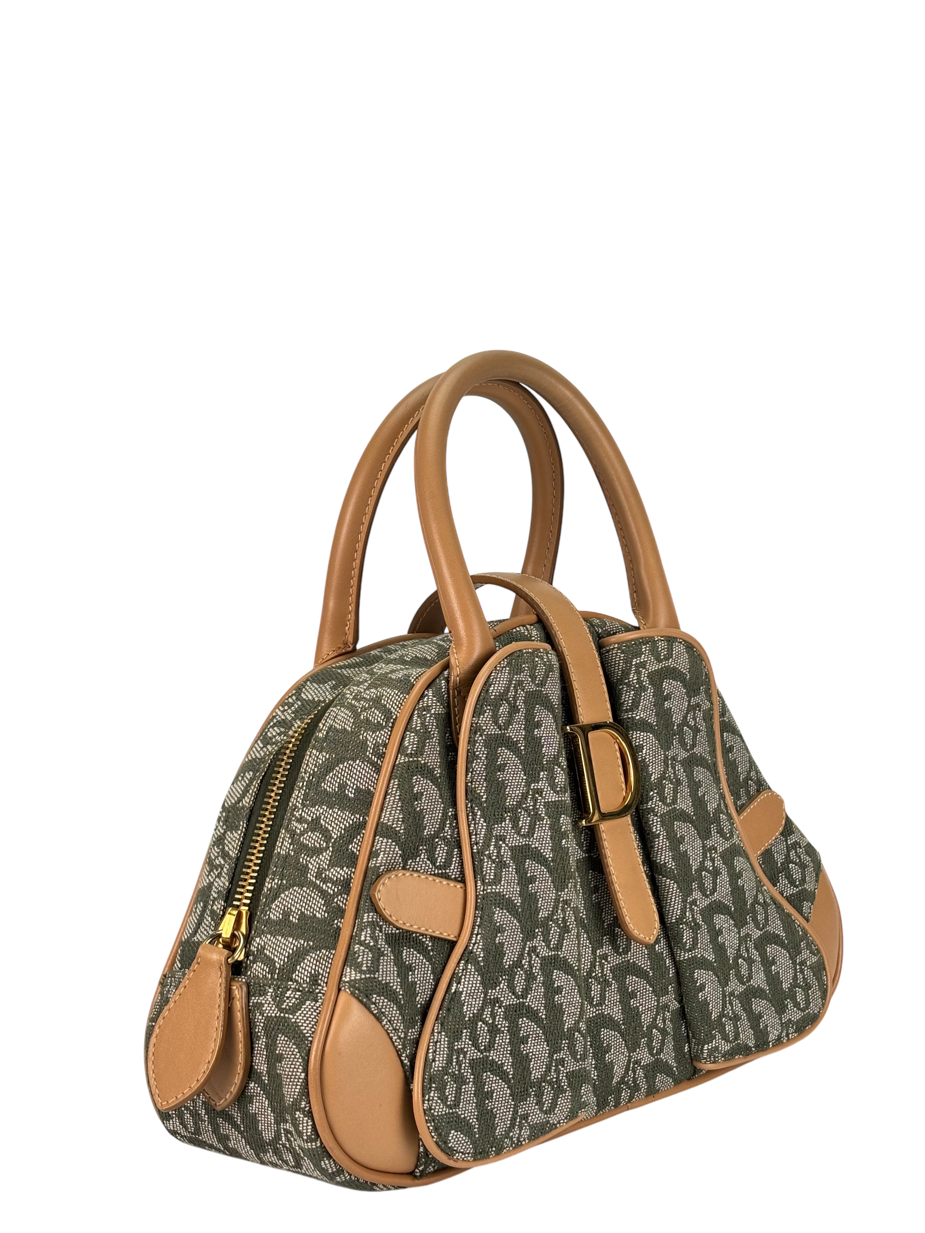 CHRISTIAN DIOR -  Green Canvas Double Saddle Dome Bag