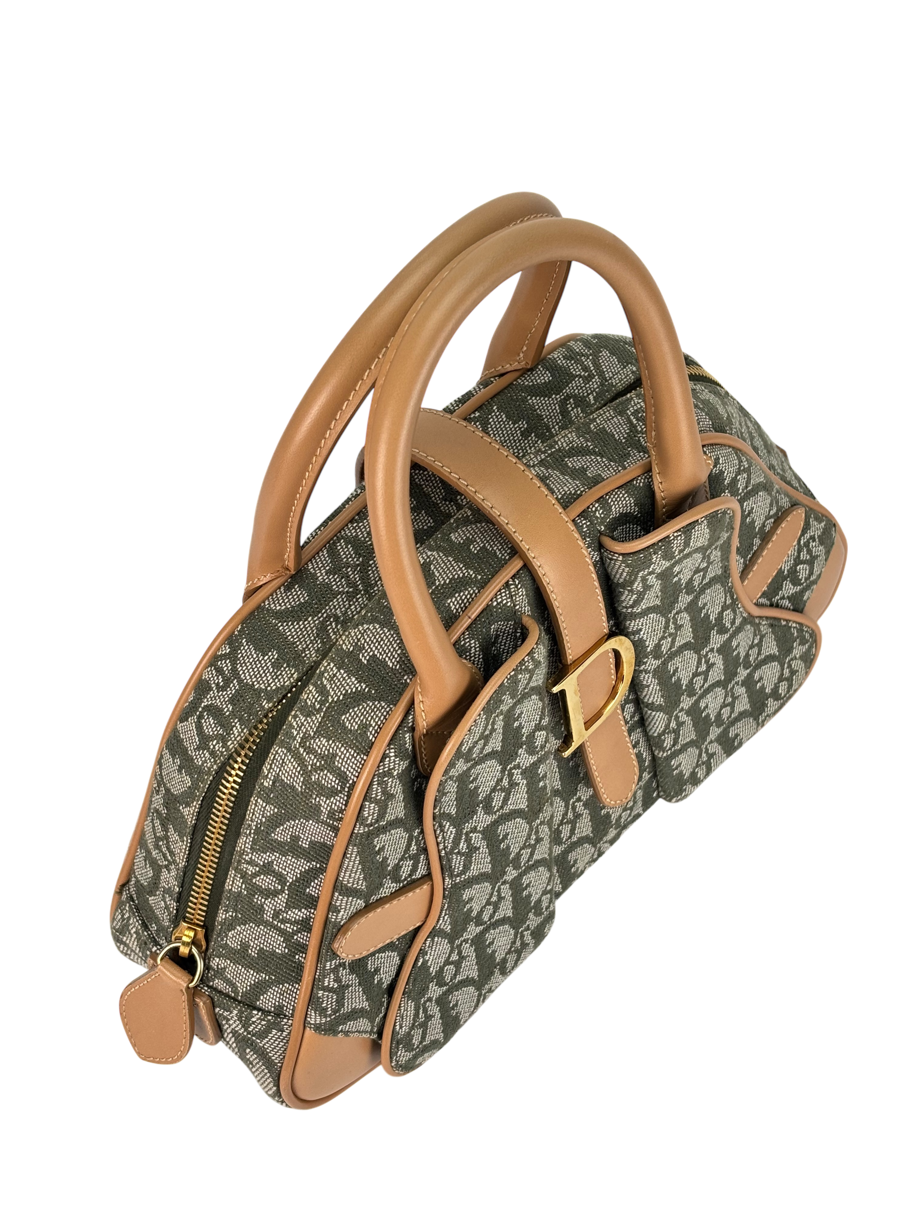 CHRISTIAN DIOR -  Green Canvas Double Saddle Dome Bag