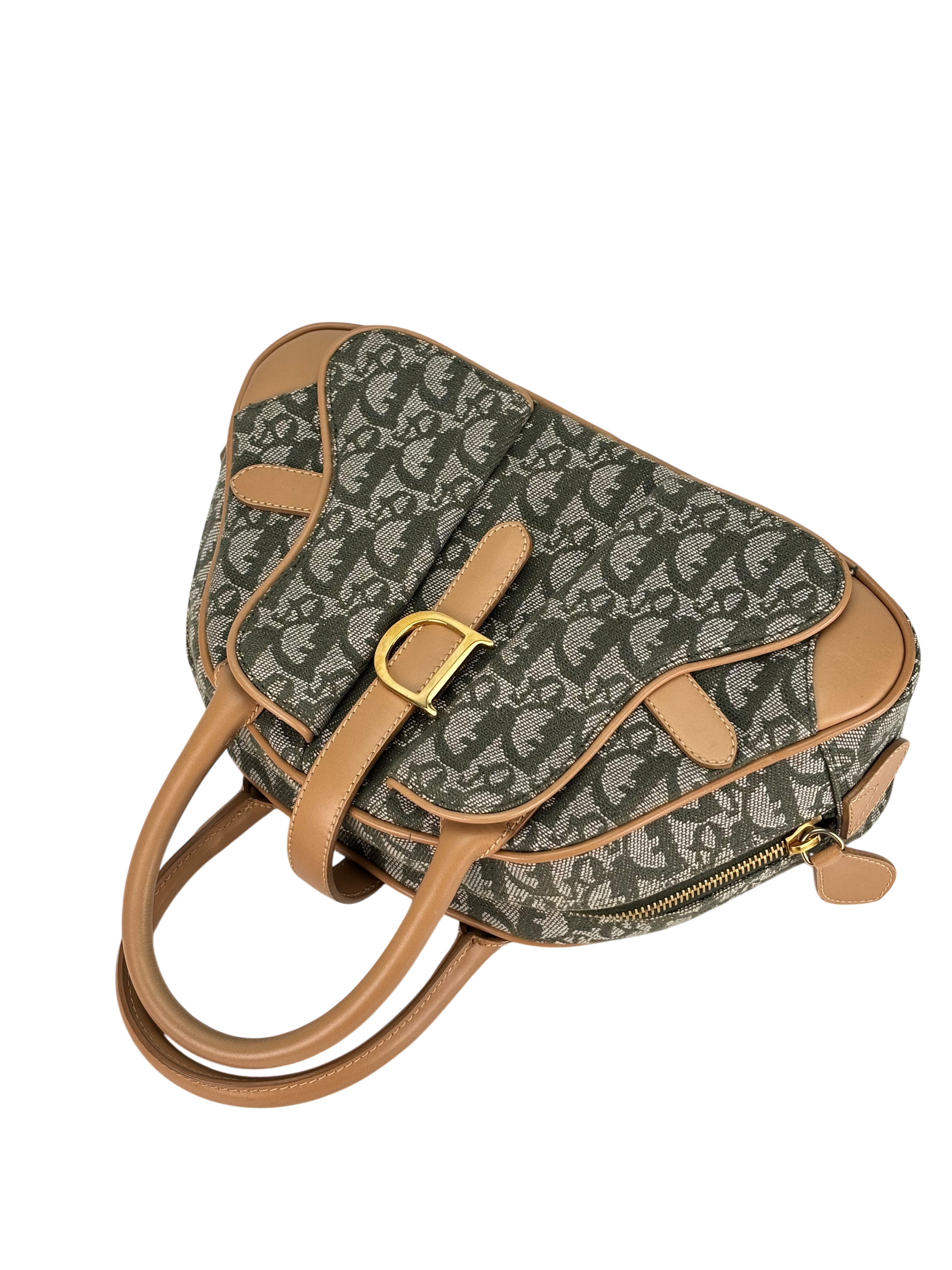 CHRISTIAN DIOR -  Green Canvas Double Saddle Dome Bag