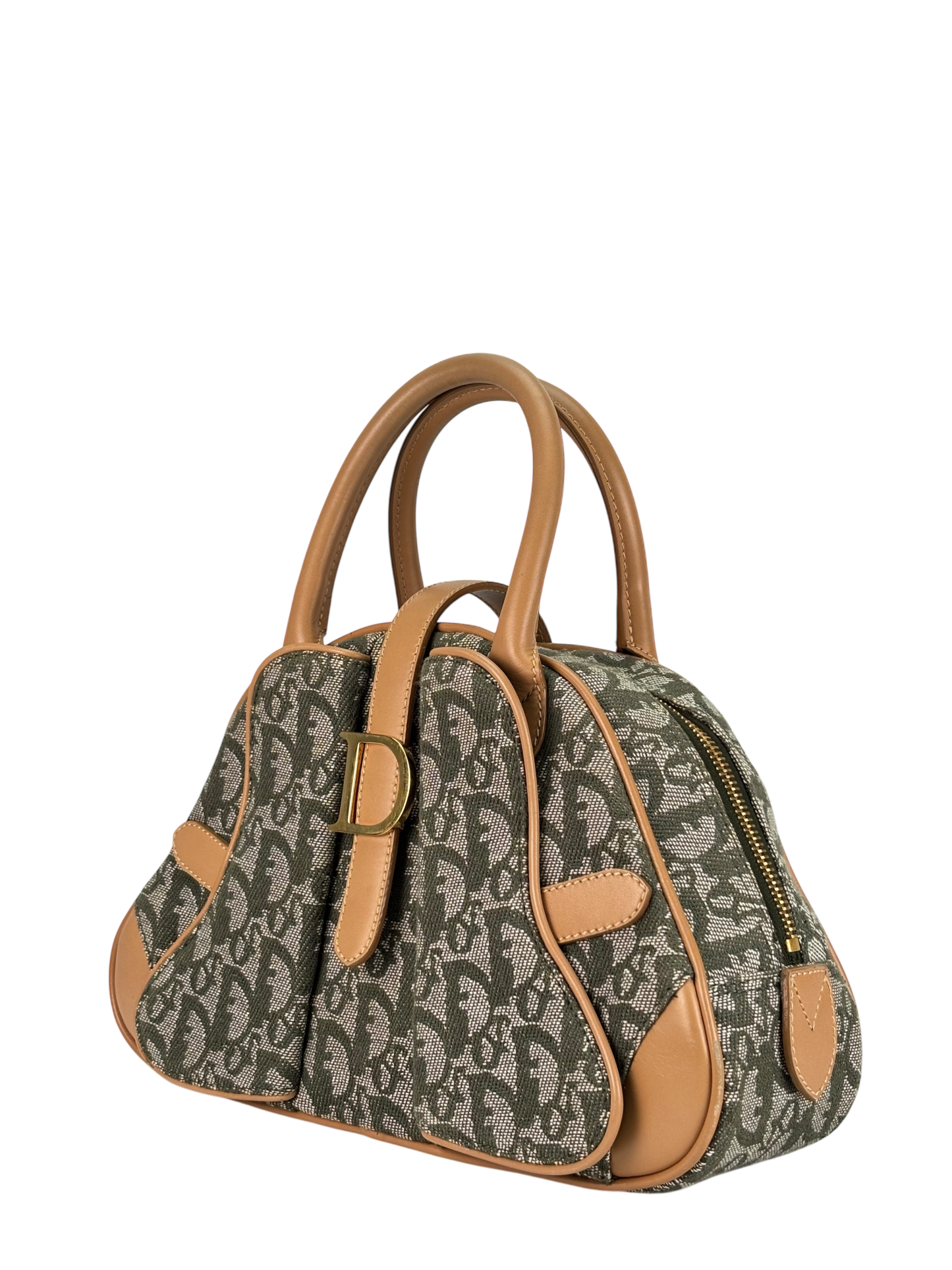 CHRISTIAN DIOR -  Green Canvas Double Saddle Dome Bag