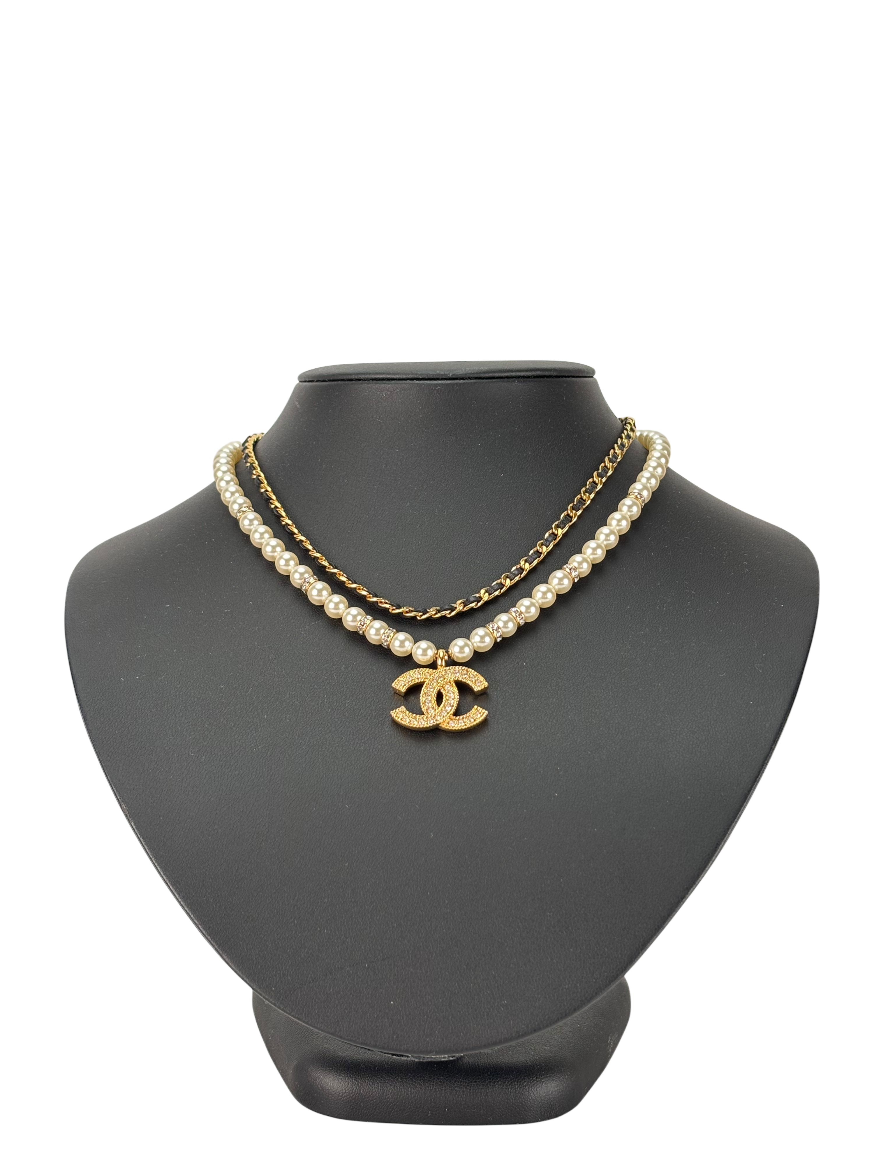 CHANEL - Gold Coco Mark Rhinestone Chain Necklace 