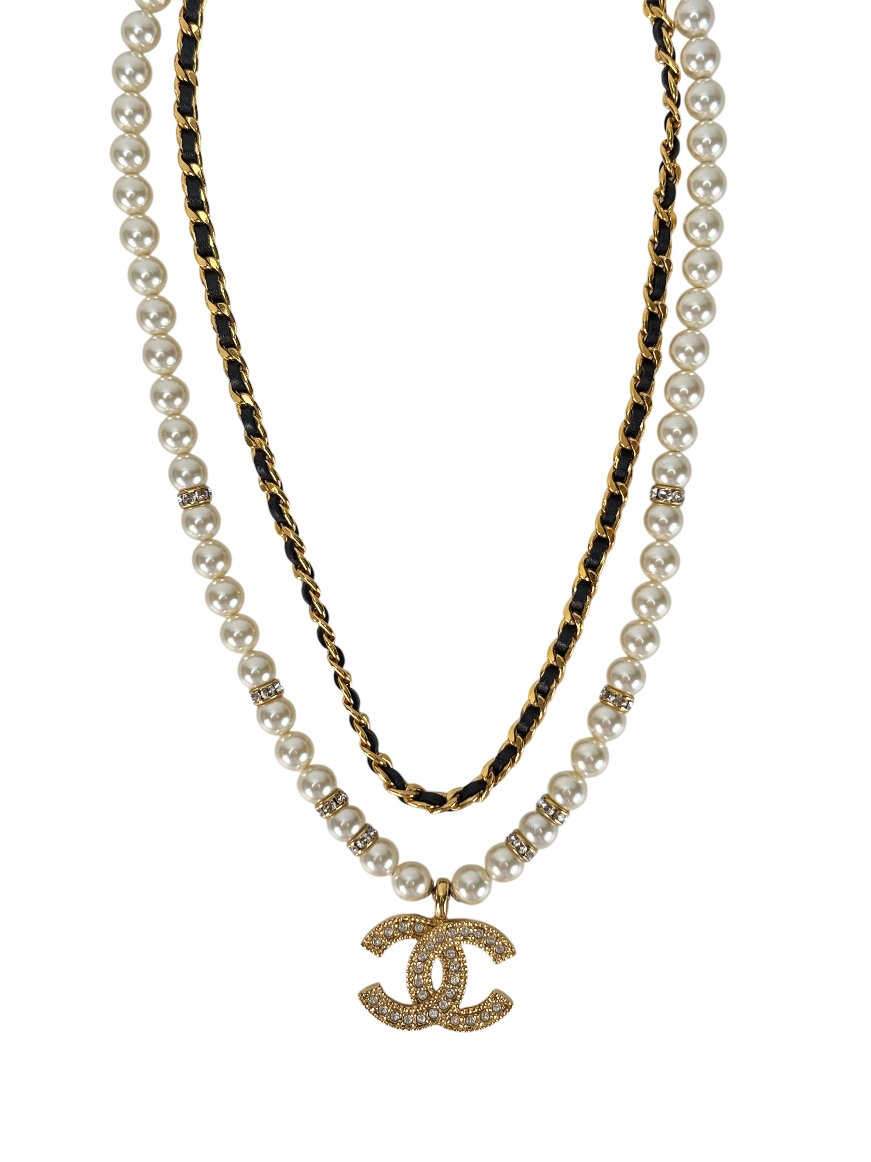 CHANEL - Gold Coco Mark Rhinestone Chain Necklace 