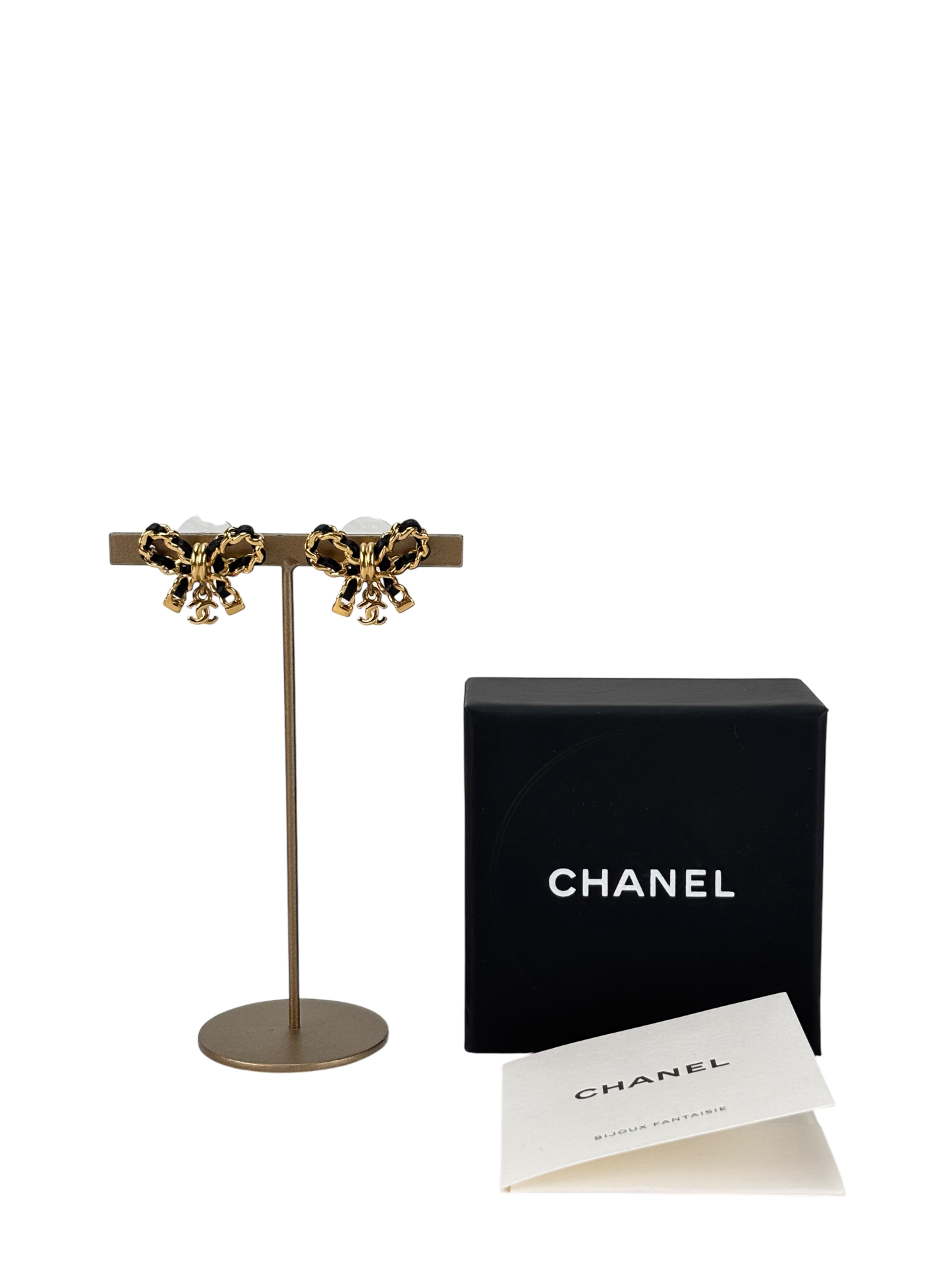 CHANEL - 23V Gold Black tone Bow CC Rhinestone Earrings
