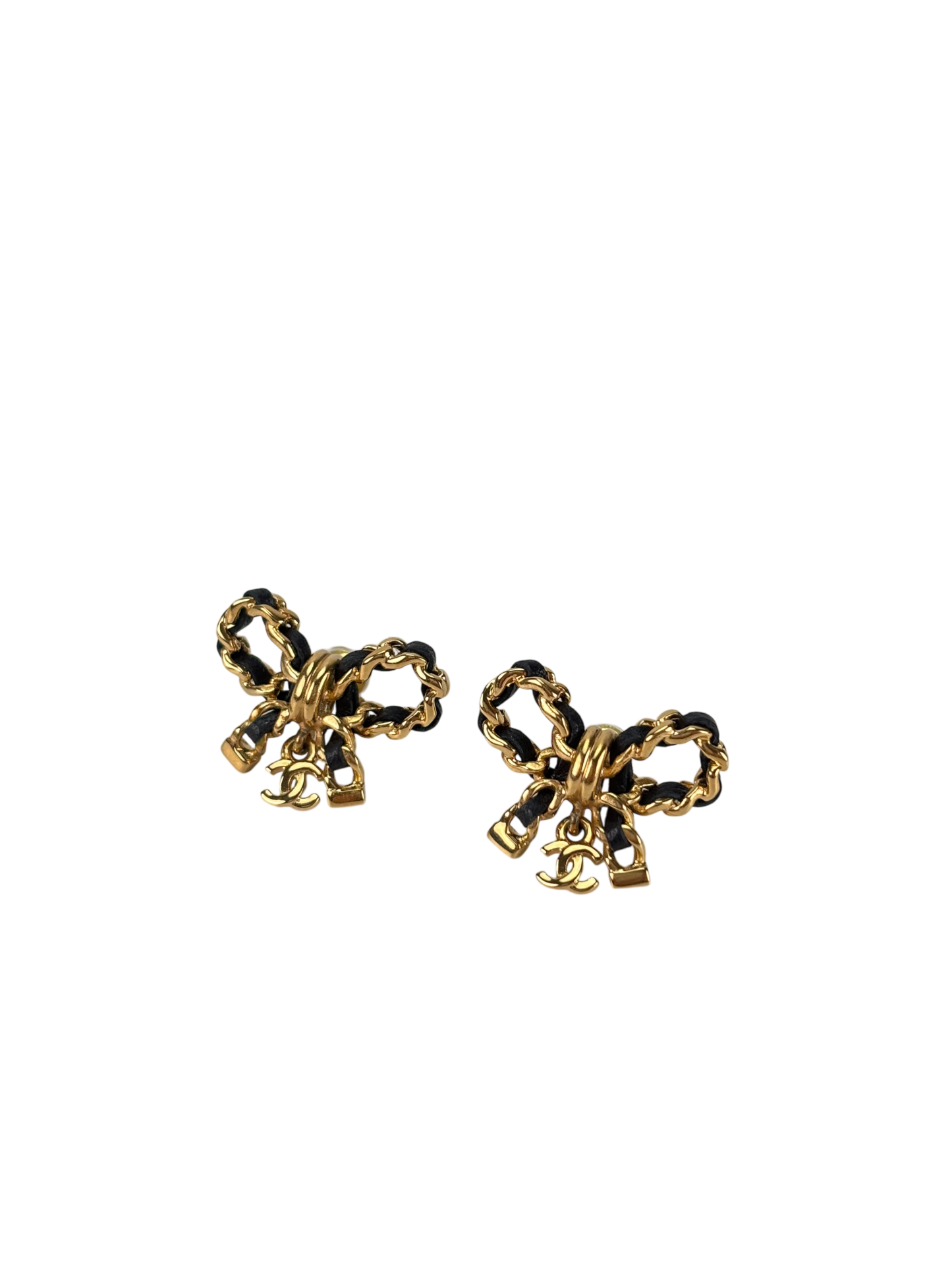 CHANEL - 23V Gold Black tone Bow CC Rhinestone Earrings
