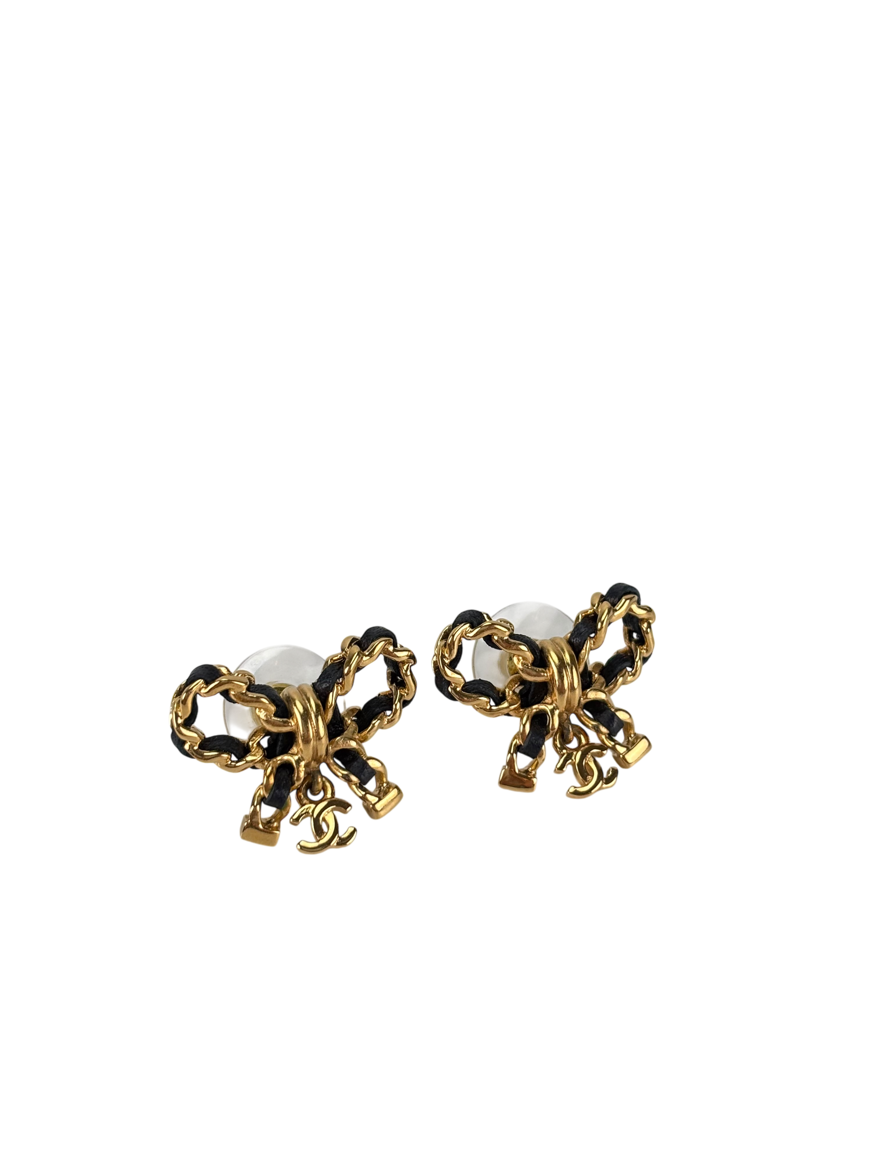 CHANEL - 23V Gold Black tone Bow CC Rhinestone Earrings