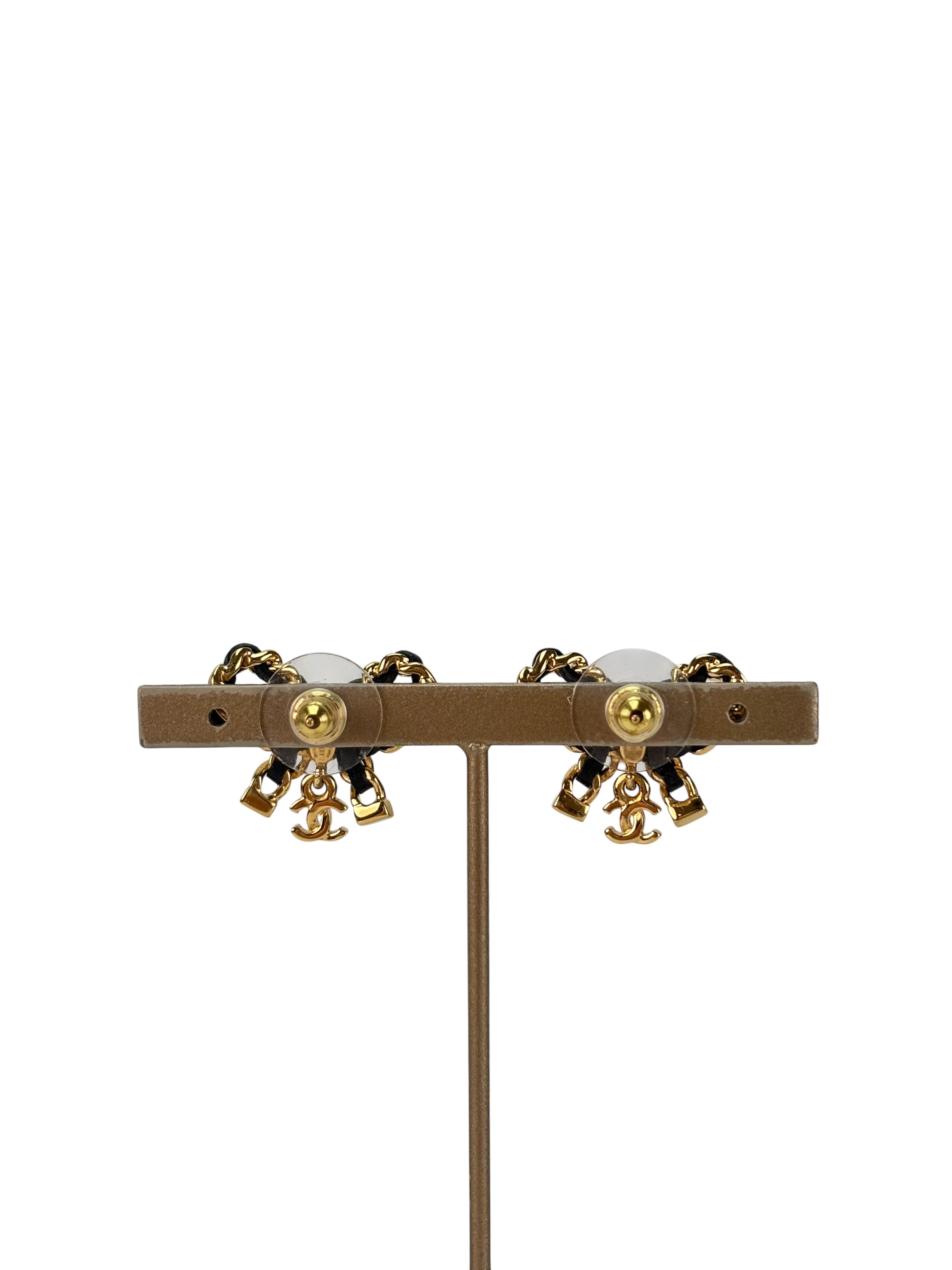 CHANEL - 23V Gold Black tone Bow CC Rhinestone Earrings