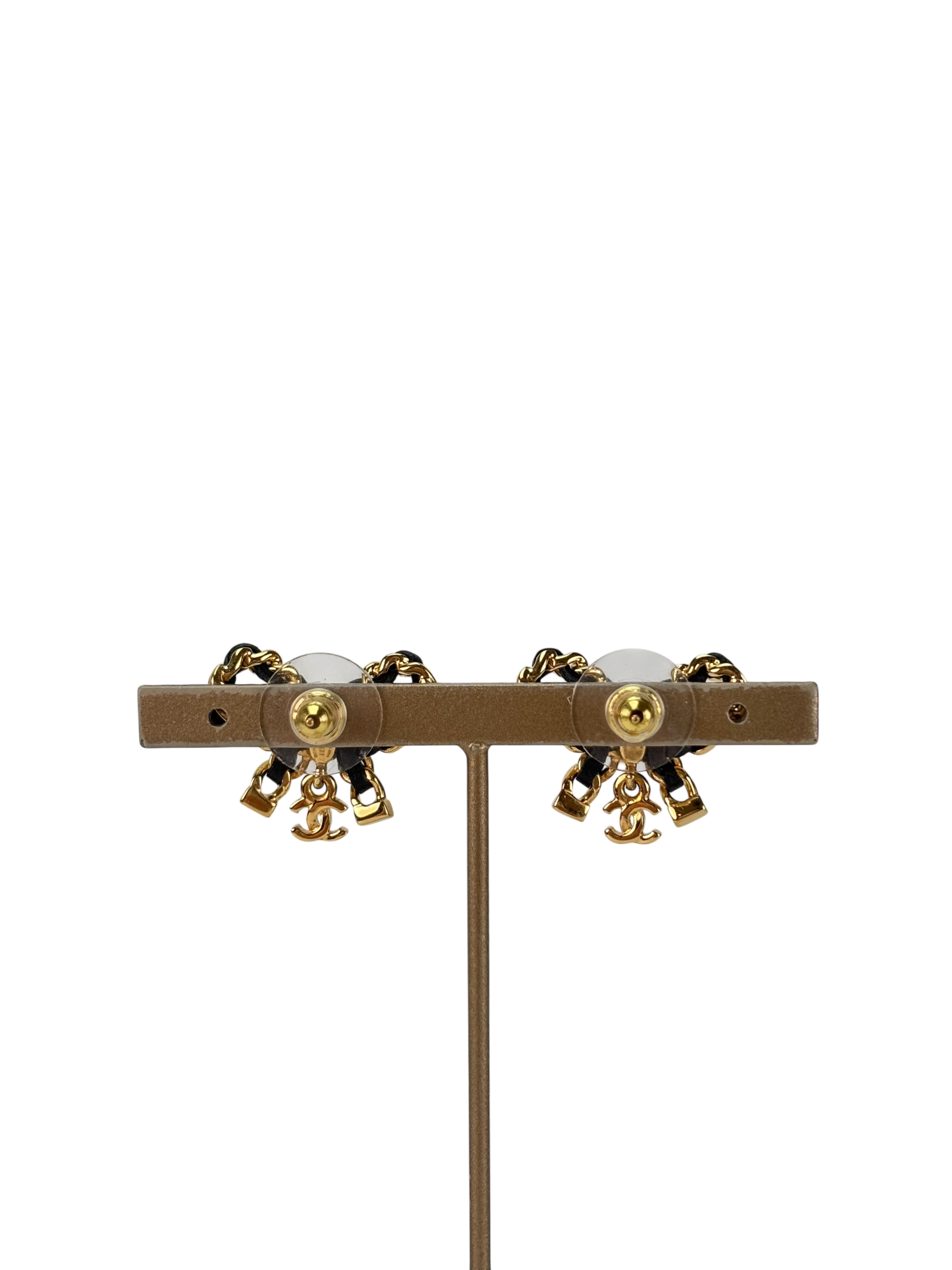 CHANEL - 23V Gold Black tone Bow CC Rhinestone Earrings