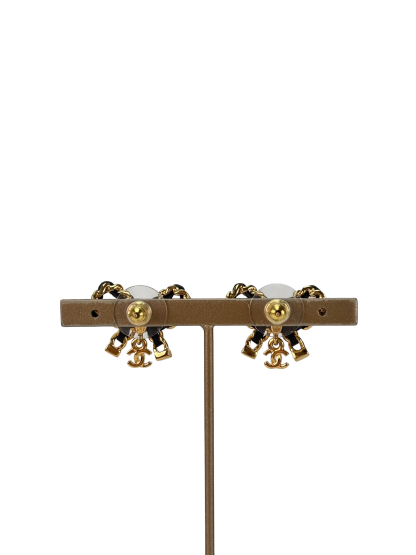 CHANEL - 23V Gold Black tone Bow CC Rhinestone Earrings