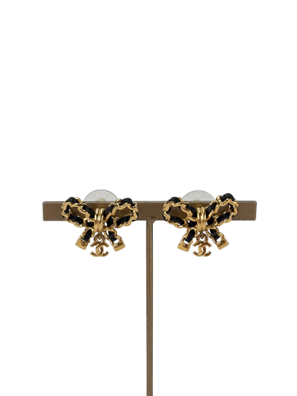 CHANEL - 23V Gold Black tone Bow CC Rhinestone Earrings