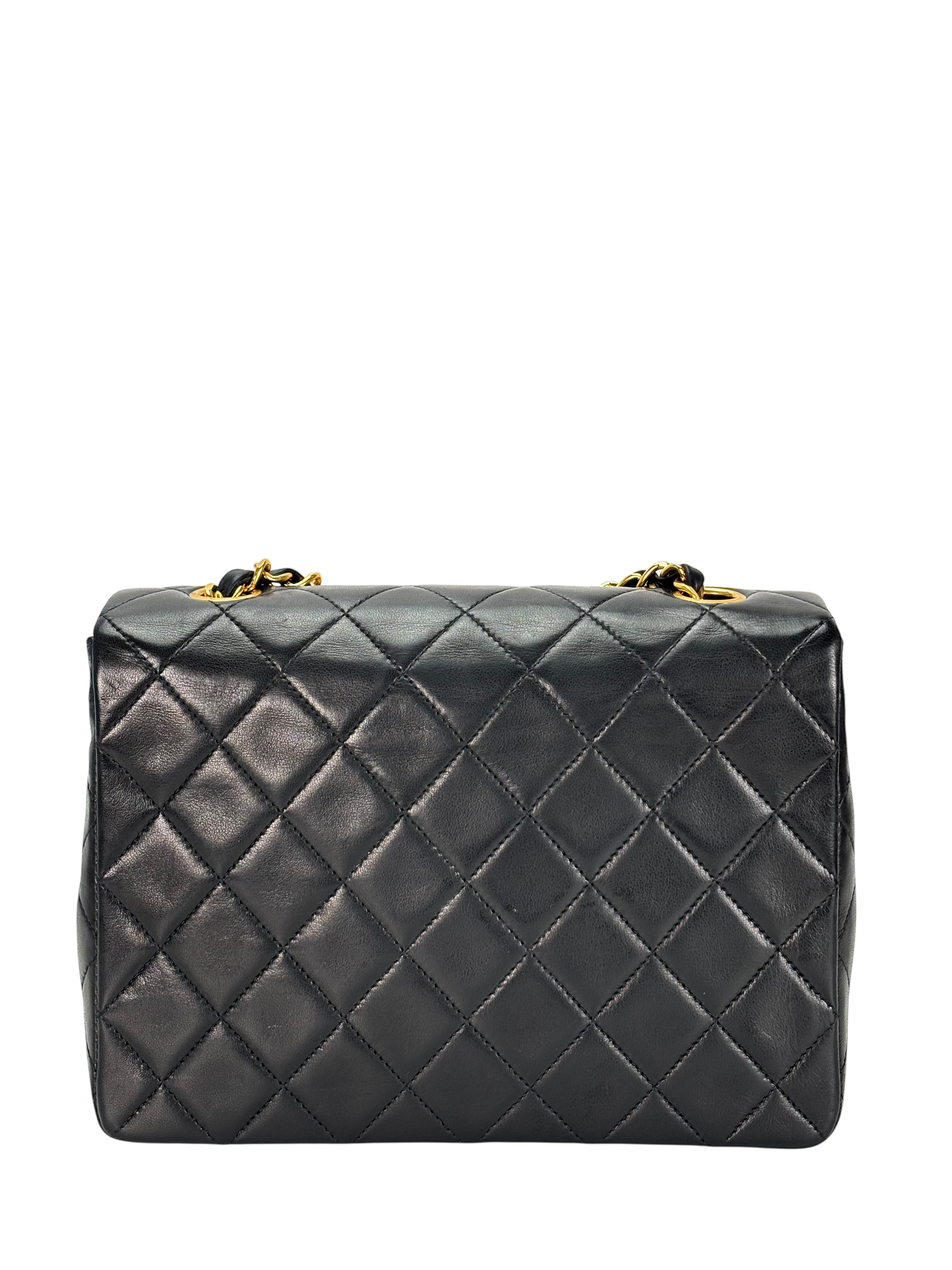 CHANEL - Black Lambskin Mini Classic Square Flap Shoulder Bag 20
