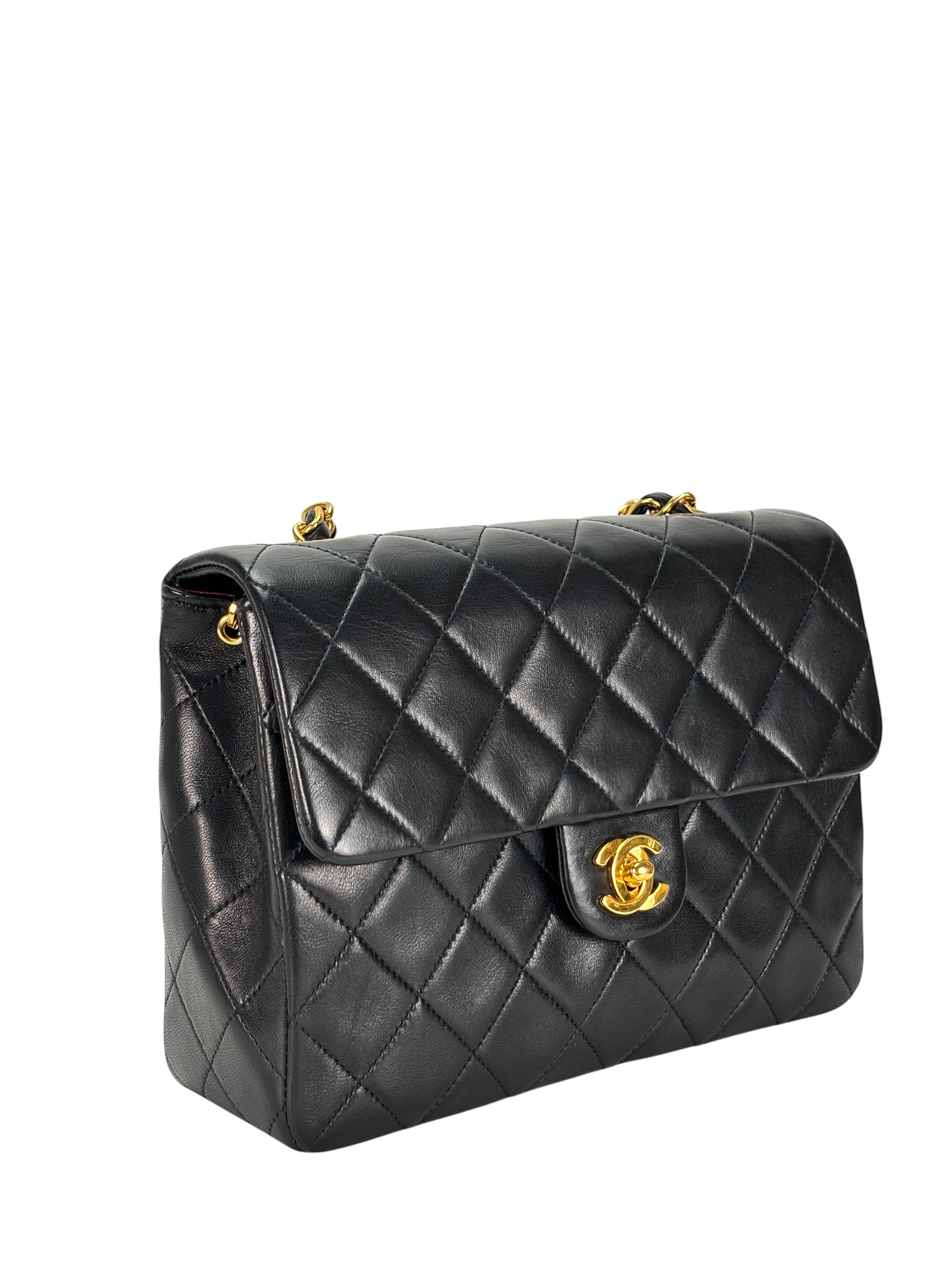 CHANEL - Black Lambskin Mini Classic Square Flap Shoulder Bag 20
