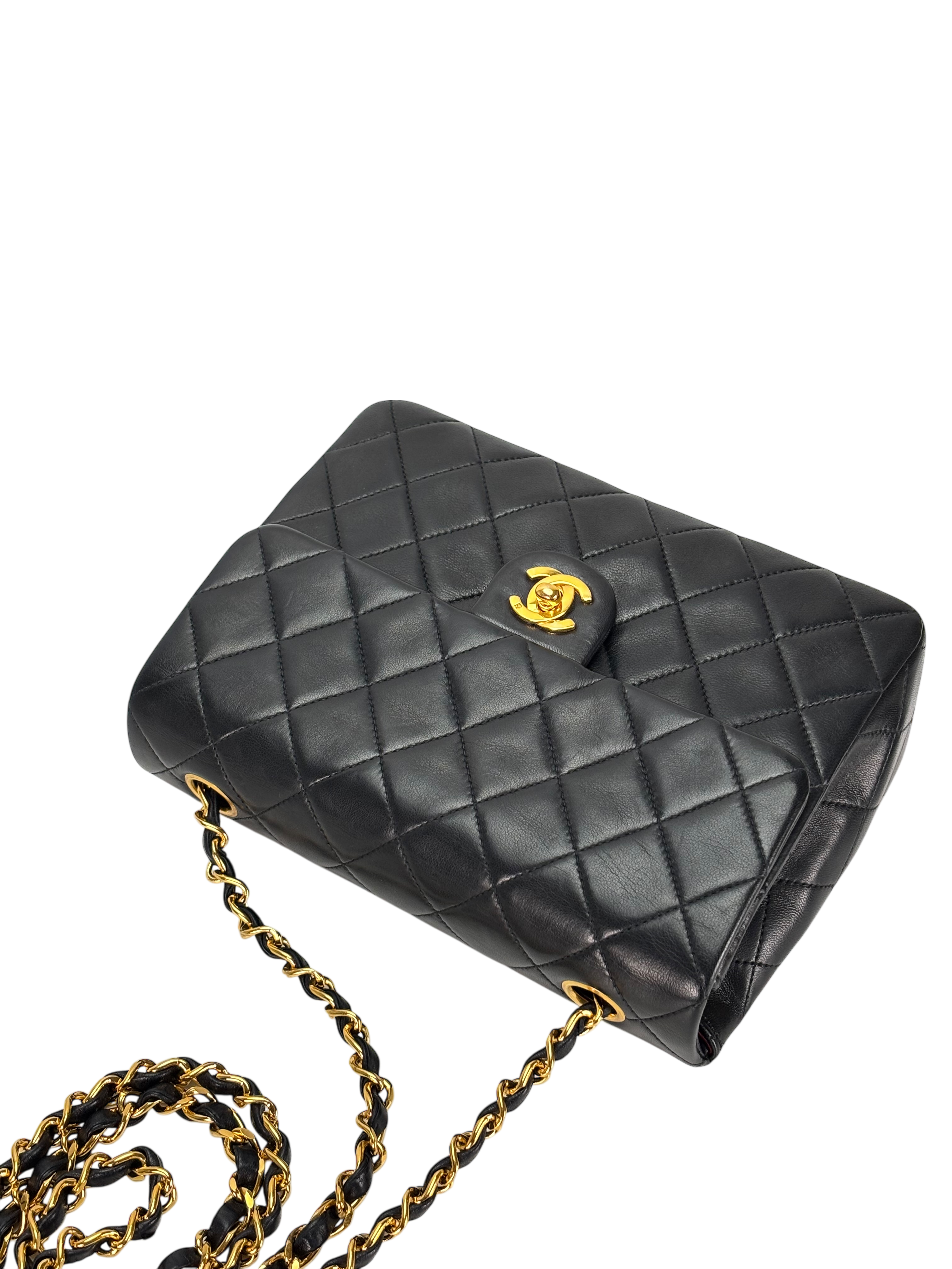 CHANEL - Black Lambskin Mini Classic Square Flap Shoulder Bag 20