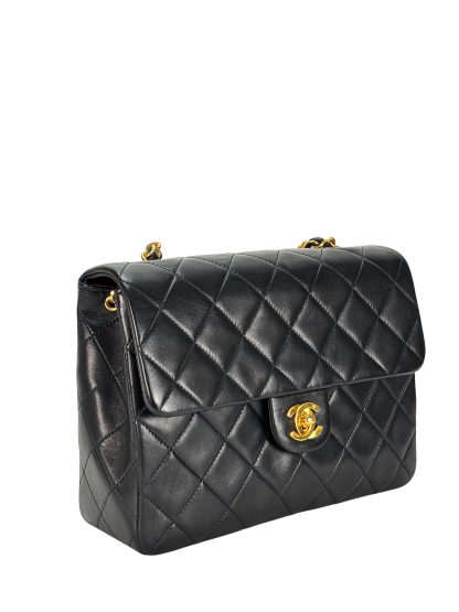 CHANEL - Black Lambskin Mini Classic Square Flap Shoulder Bag 20
