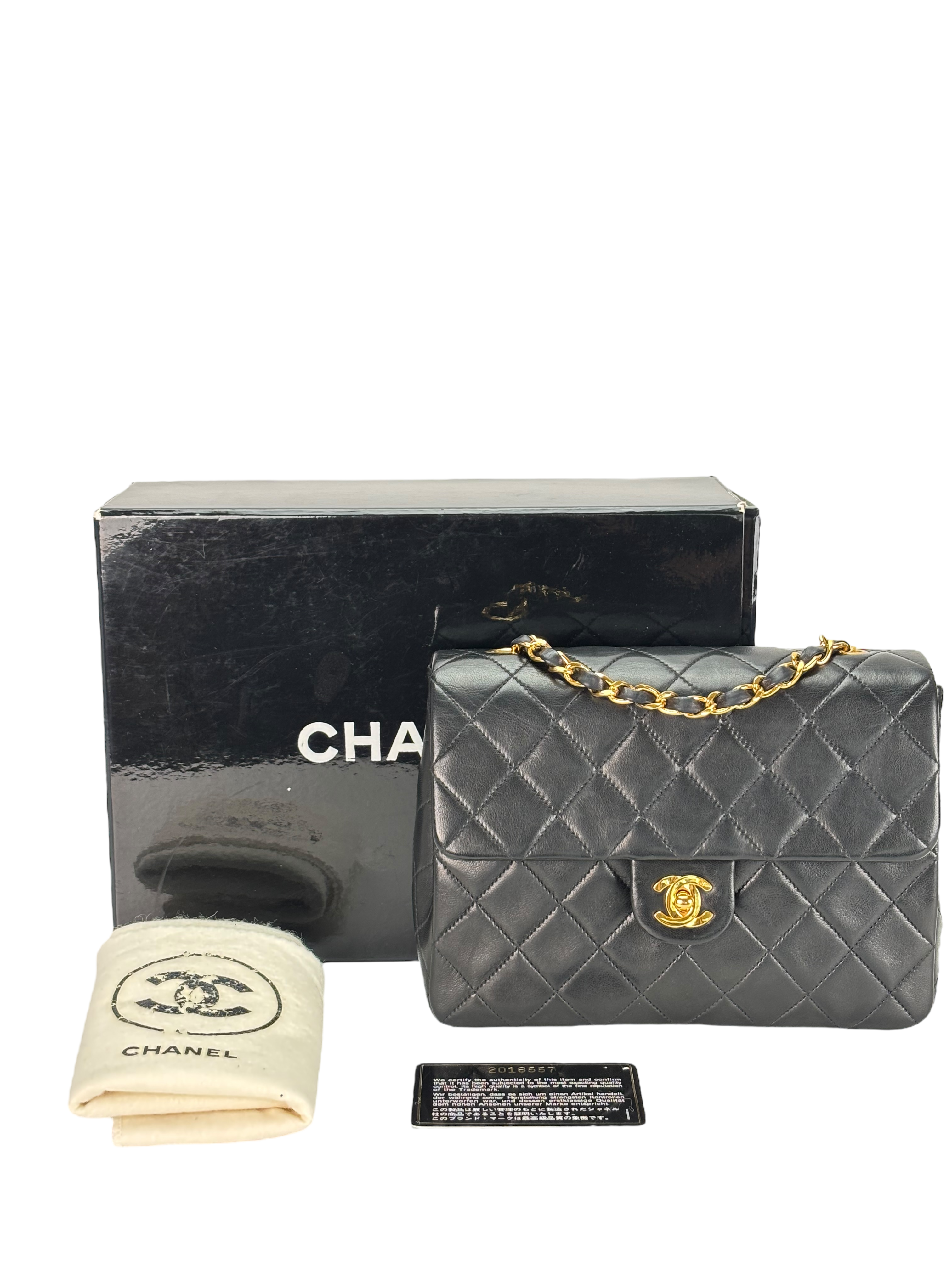 CHANEL - Black Lambskin Mini Classic Square Flap Shoulder Bag 20