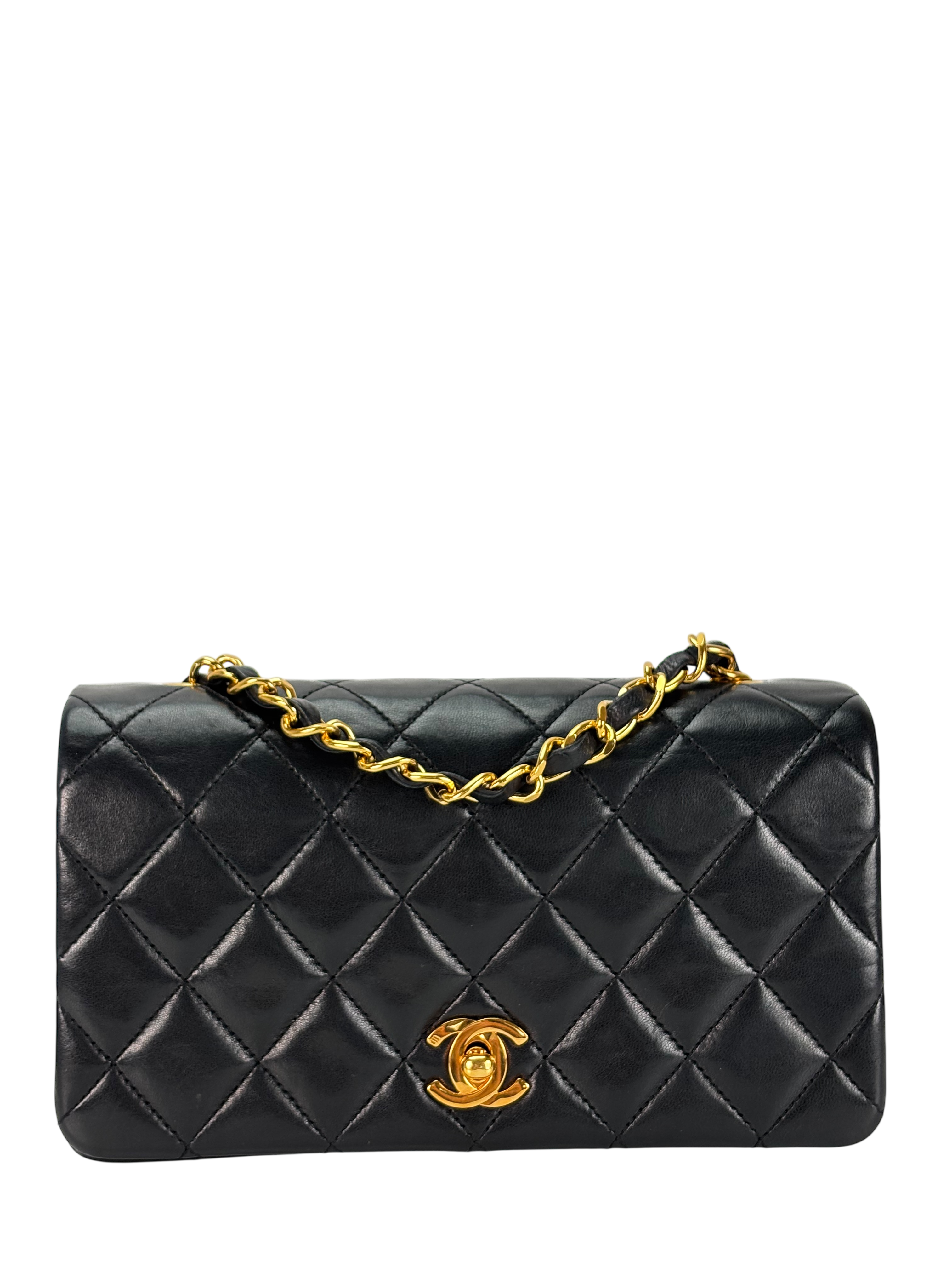 CHANEL - Black Lambskin Push Lock Full flap Chain Shoulder Bag