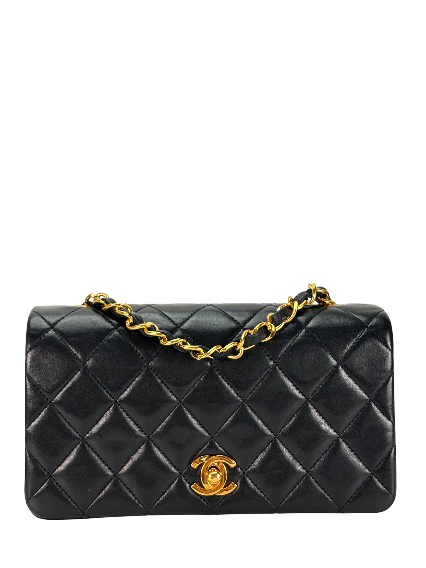 CHANEL - Black Lambskin Push Lock Full flap Chain Shoulder Bag