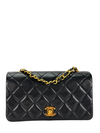 CHANEL - Black Lambskin Push Lock Full flap Chain Shoulder Bag