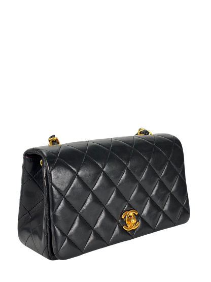 CHANEL - Black Lambskin Push Lock Full flap Chain Shoulder Bag