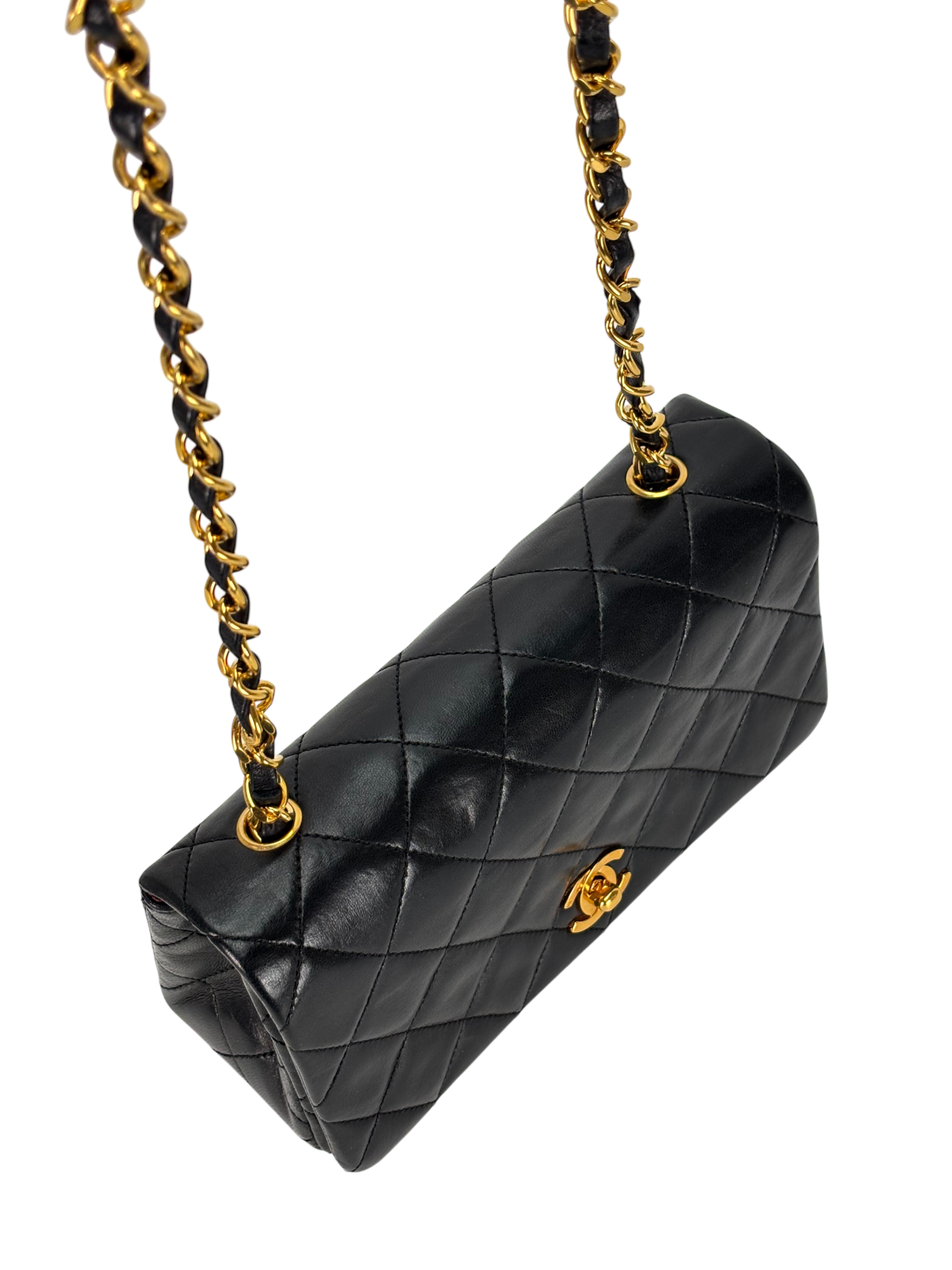 CHANEL - Black Lambskin Push Lock Full flap Chain Shoulder Bag