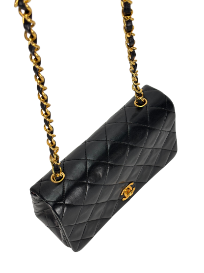 CHANEL - Black Lambskin Push Lock Full flap Chain Shoulder Bag