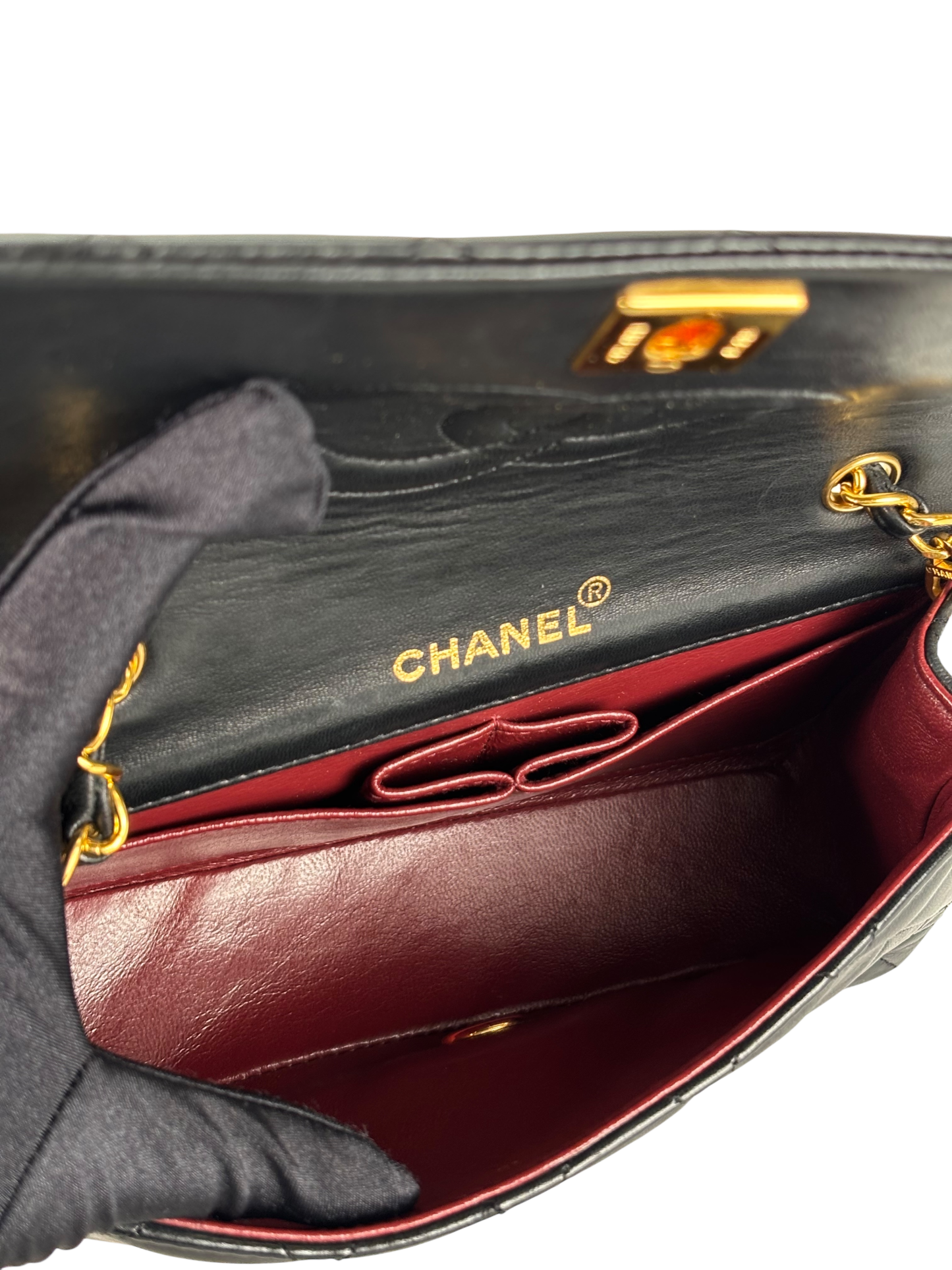 CHANEL - Black Lambskin Push Lock Full flap Chain Shoulder Bag