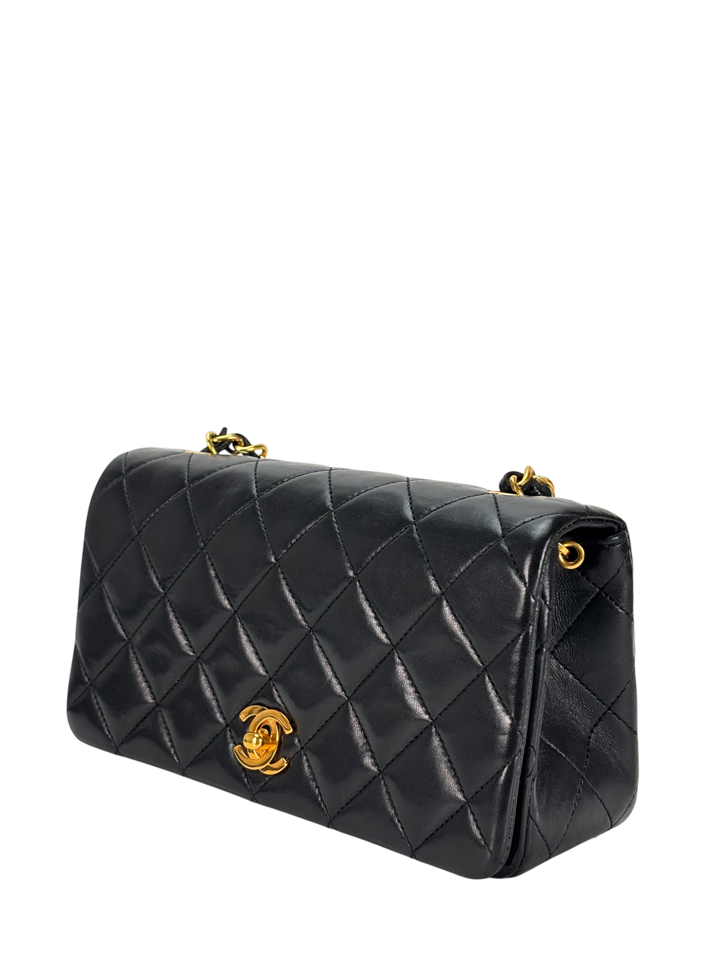 CHANEL - Black Lambskin Push Lock Full flap Chain Shoulder Bag