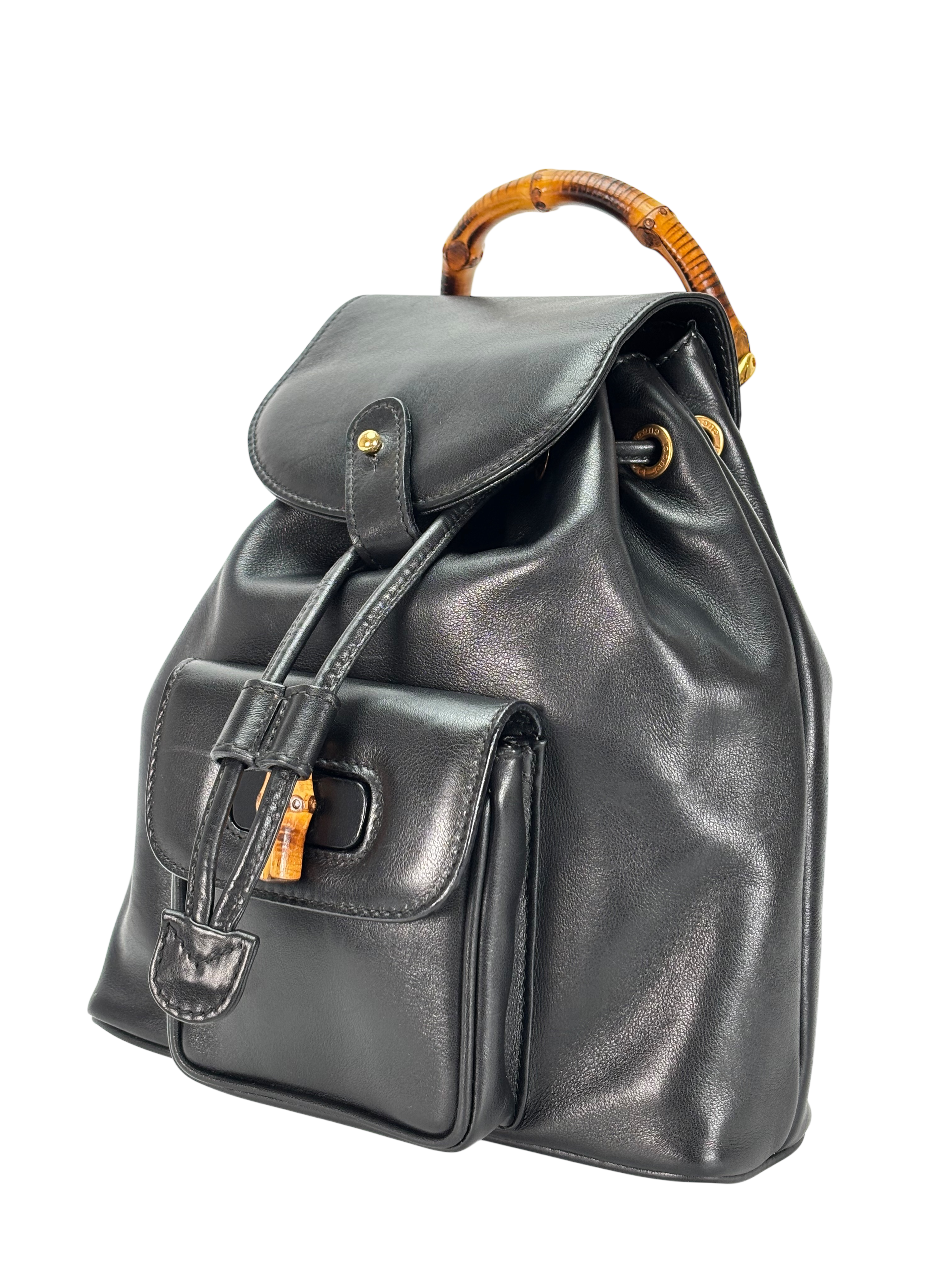 GUCCI - Vintage Black Leather Bamboo Backpack
