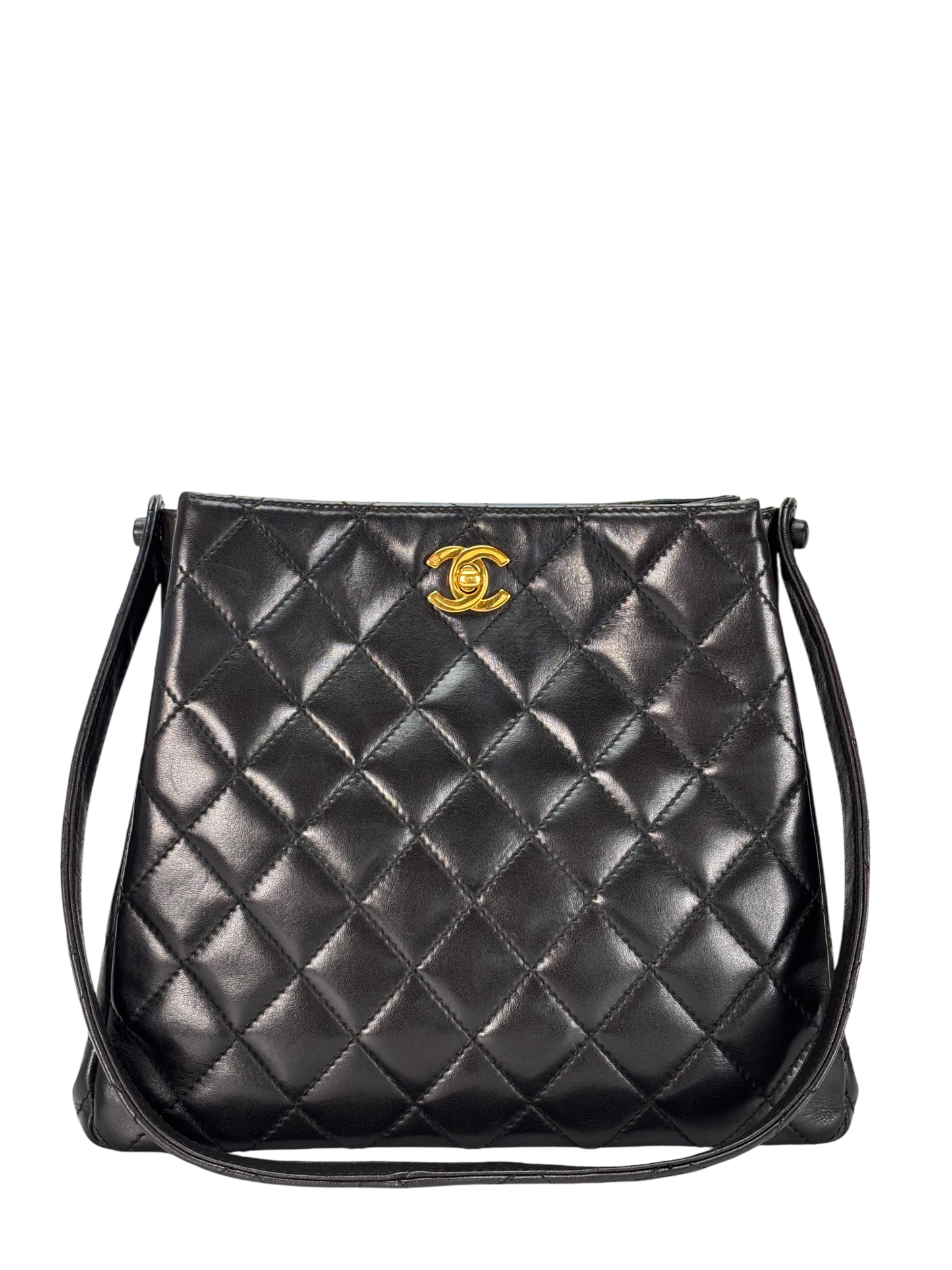 CHANEL - Black Lambskin Coco Mark Matelasse Double Turn Lock Shoulder Bag