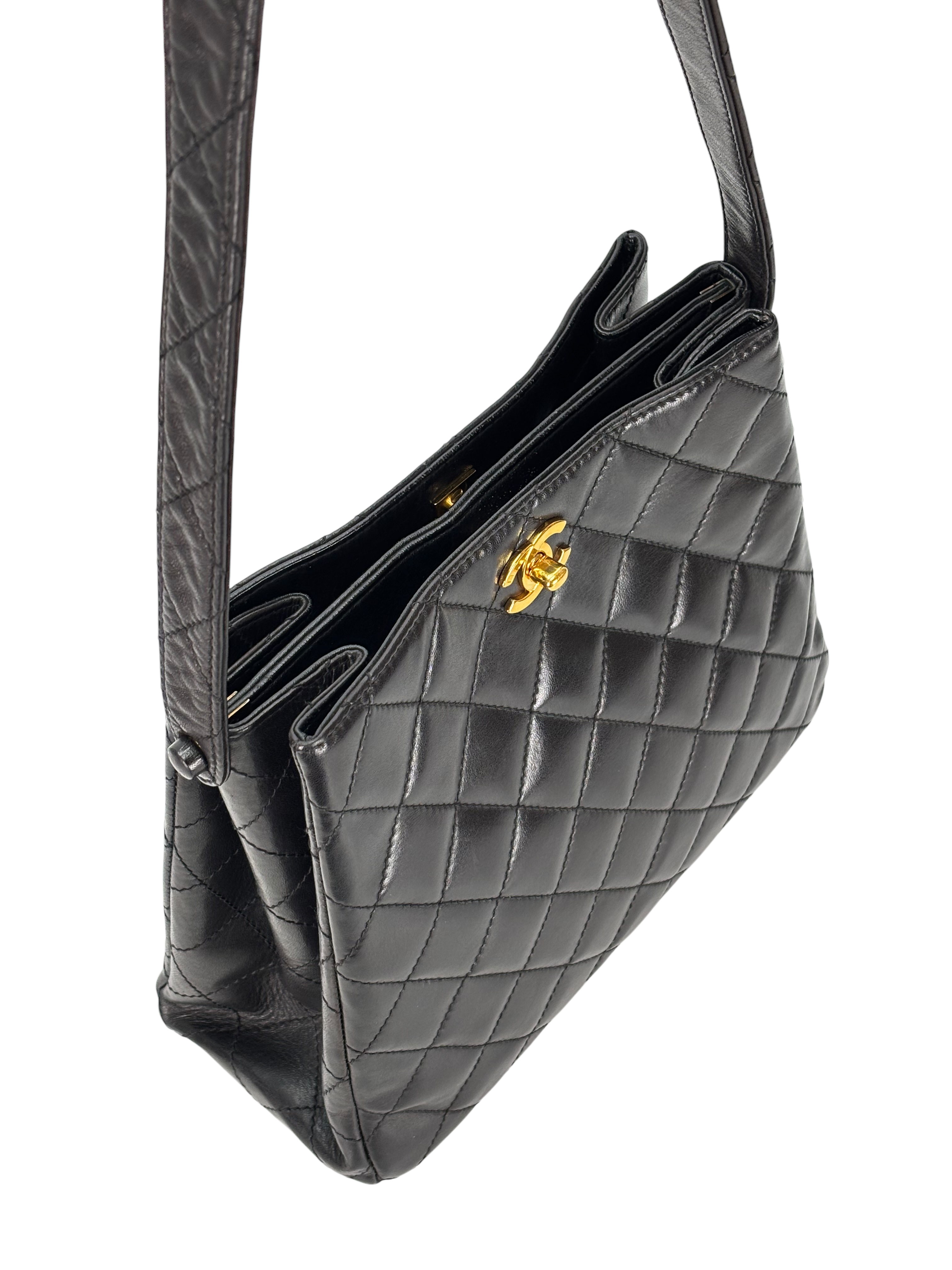 CHANEL - Black Lambskin Coco Mark Matelasse Double Turn Lock Shoulder Bag