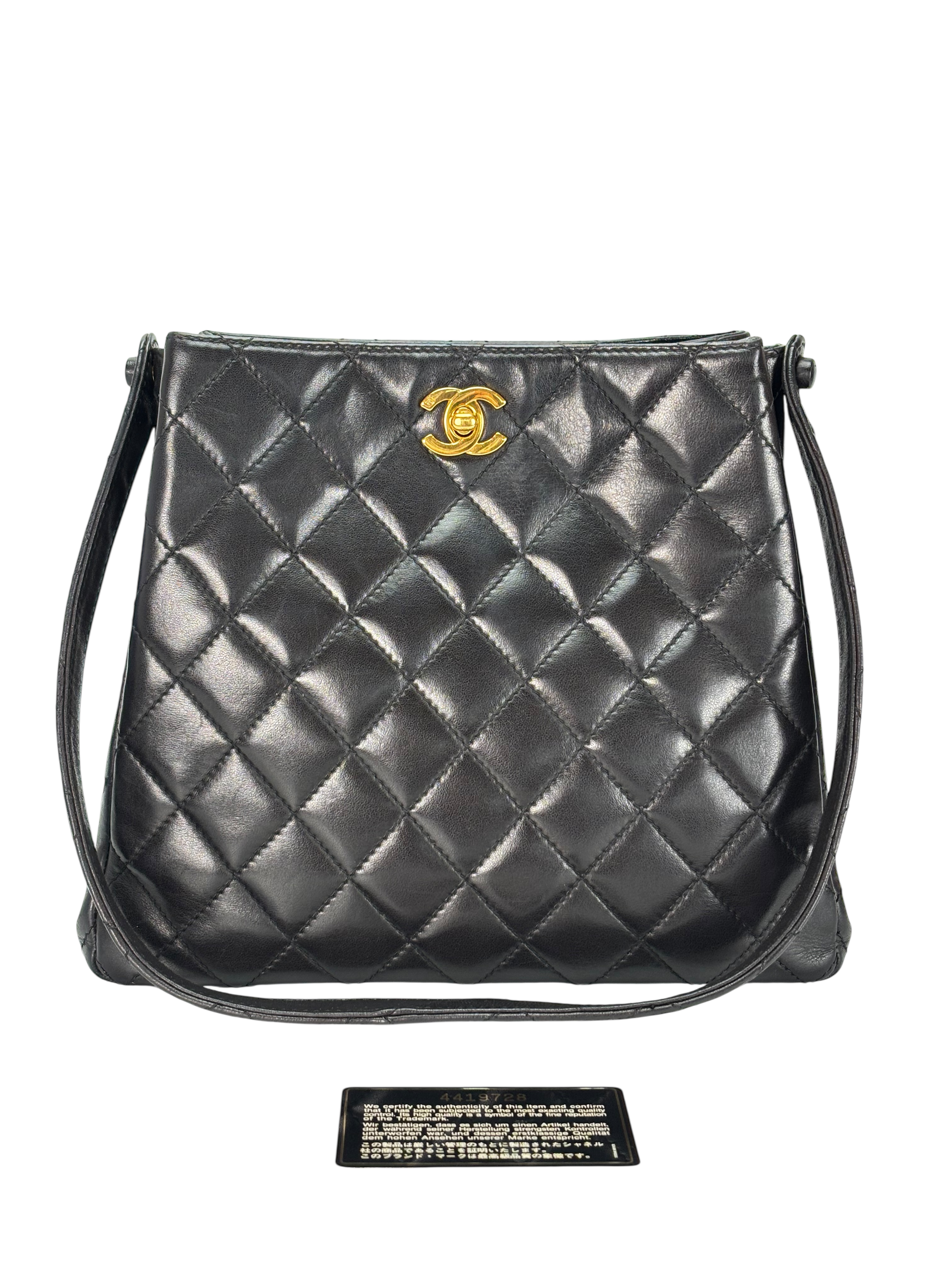 CHANEL - Black Lambskin Coco Mark Matelasse Double Turn Lock Shoulder Bag
