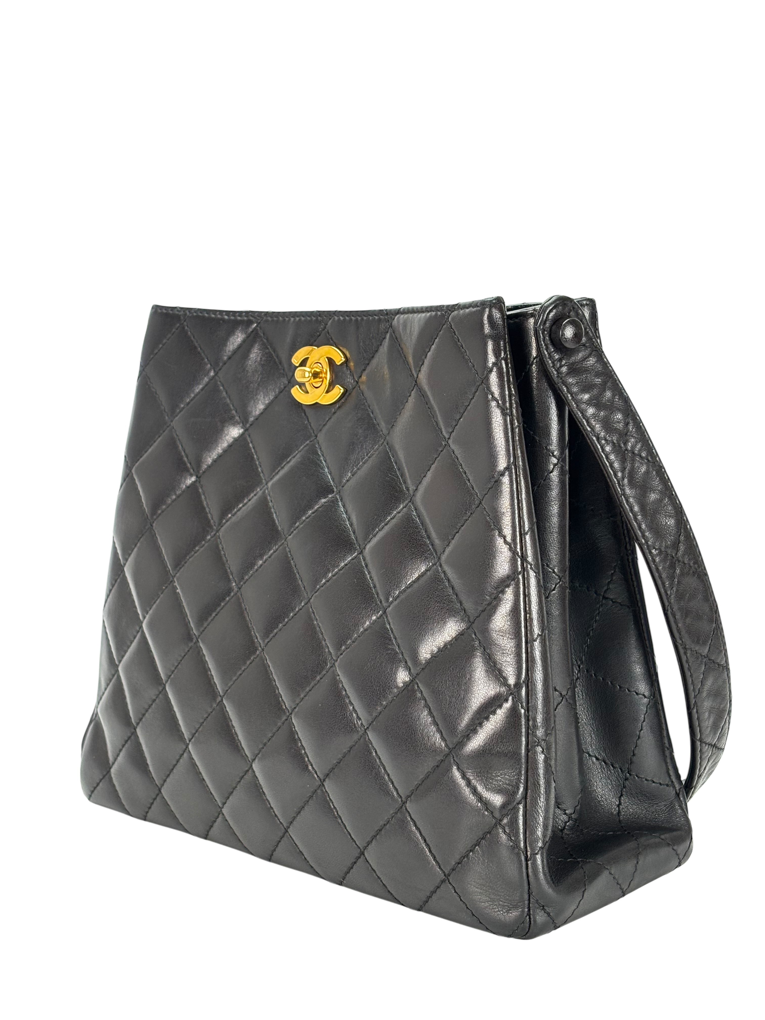 CHANEL - Black Lambskin Coco Mark Matelasse Double Turn Lock Shoulder Bag