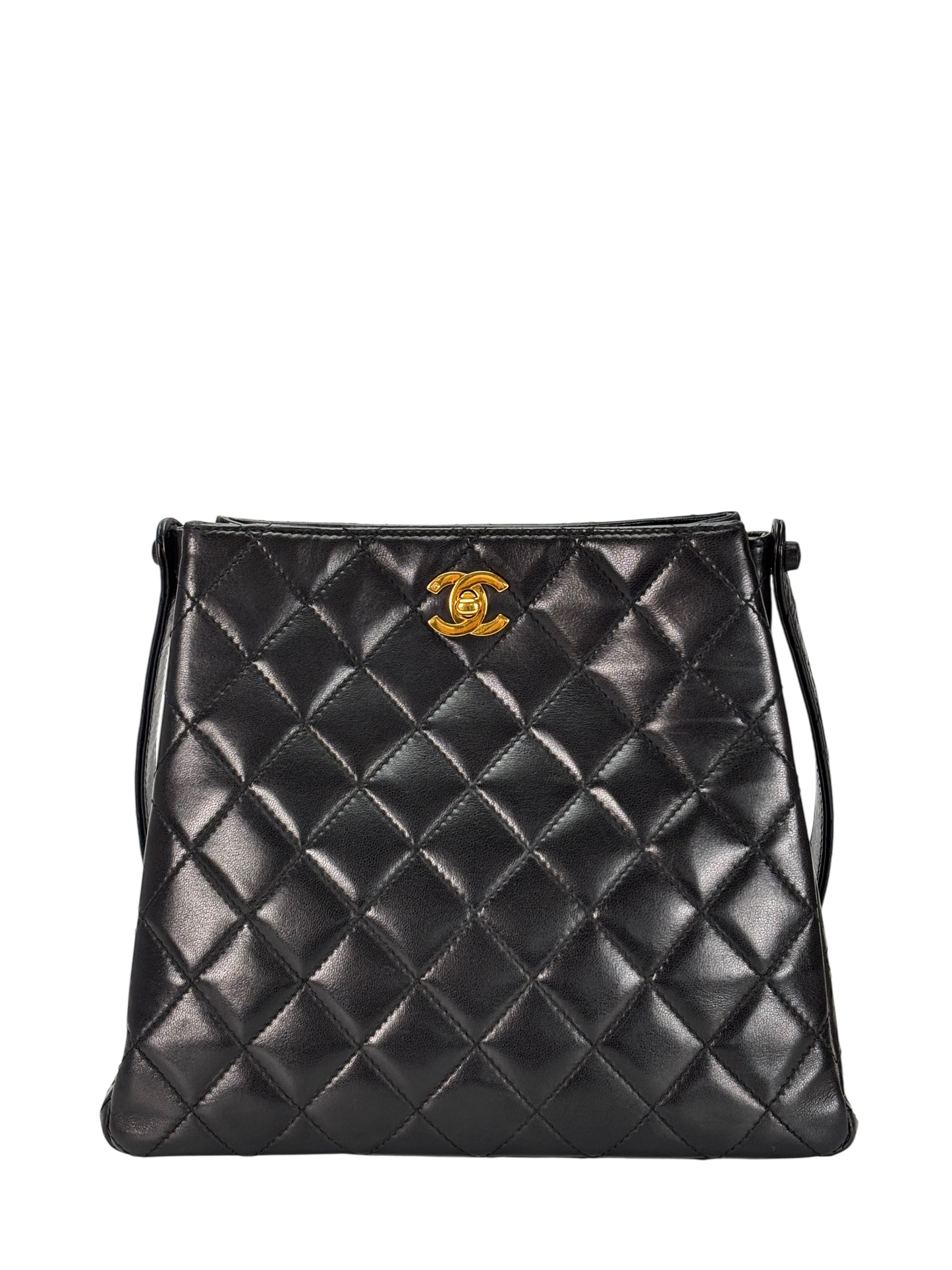 CHANEL - Black Lambskin Coco Mark Matelasse Double Turn Lock Shoulder Bag
