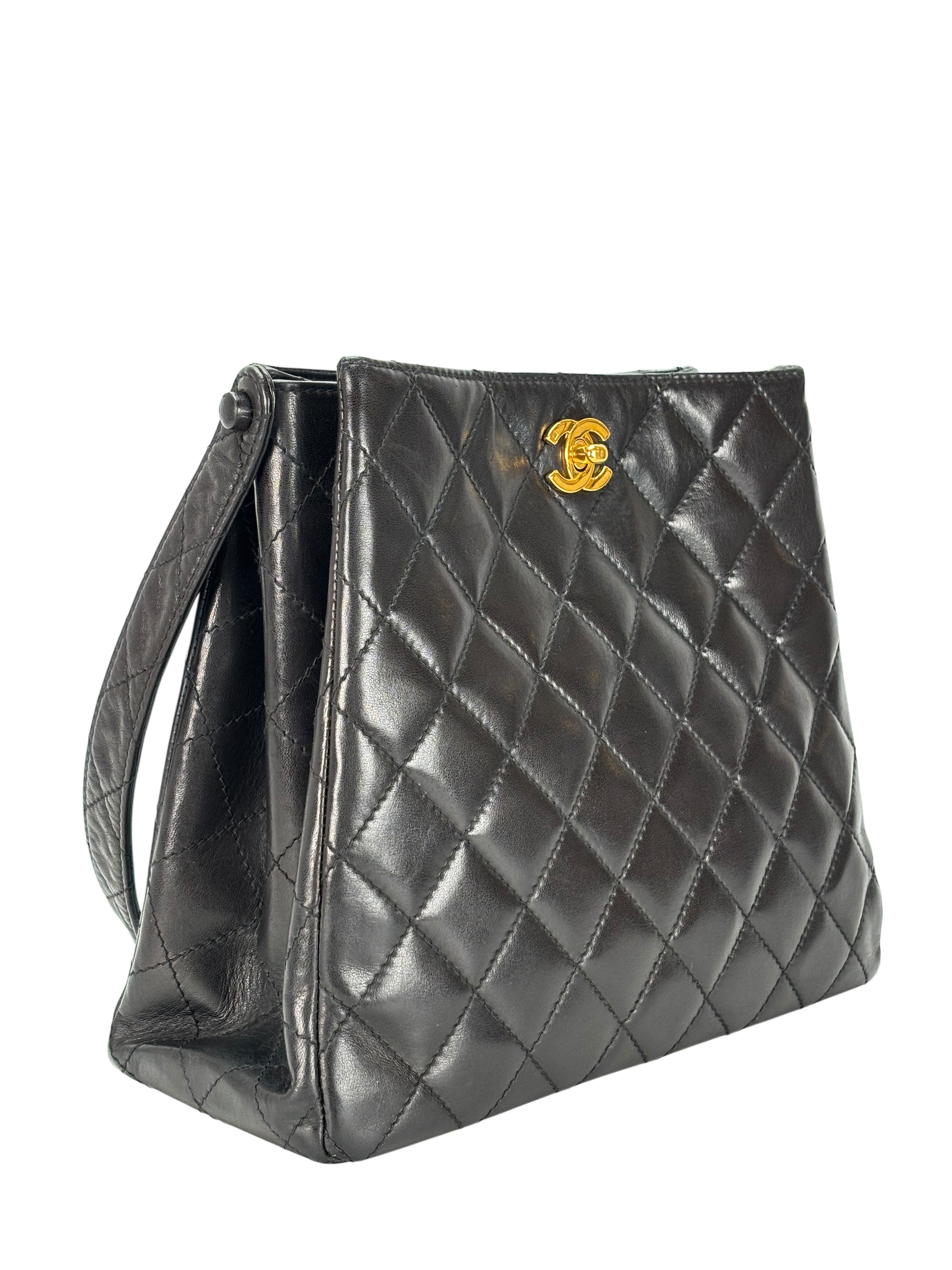 CHANEL - Black Lambskin Coco Mark Matelasse Double Turn Lock Shoulder Bag