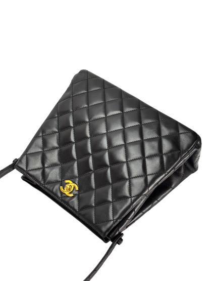 CHANEL - Black Lambskin Coco Mark Matelasse Double Turn Lock Shoulder Bag