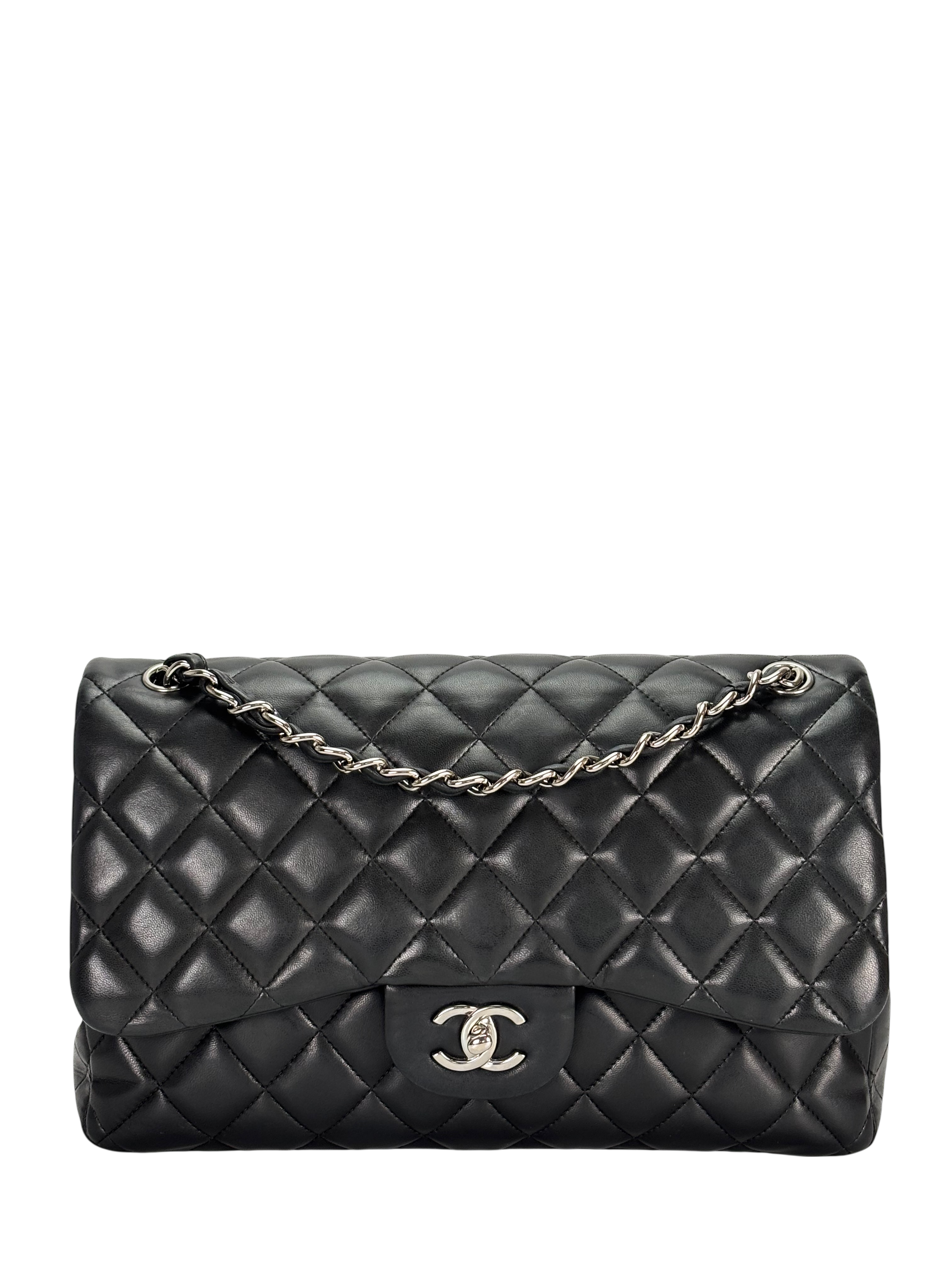 CHANEL - Black Lambskin Double Flap Chain Bag (CF30)