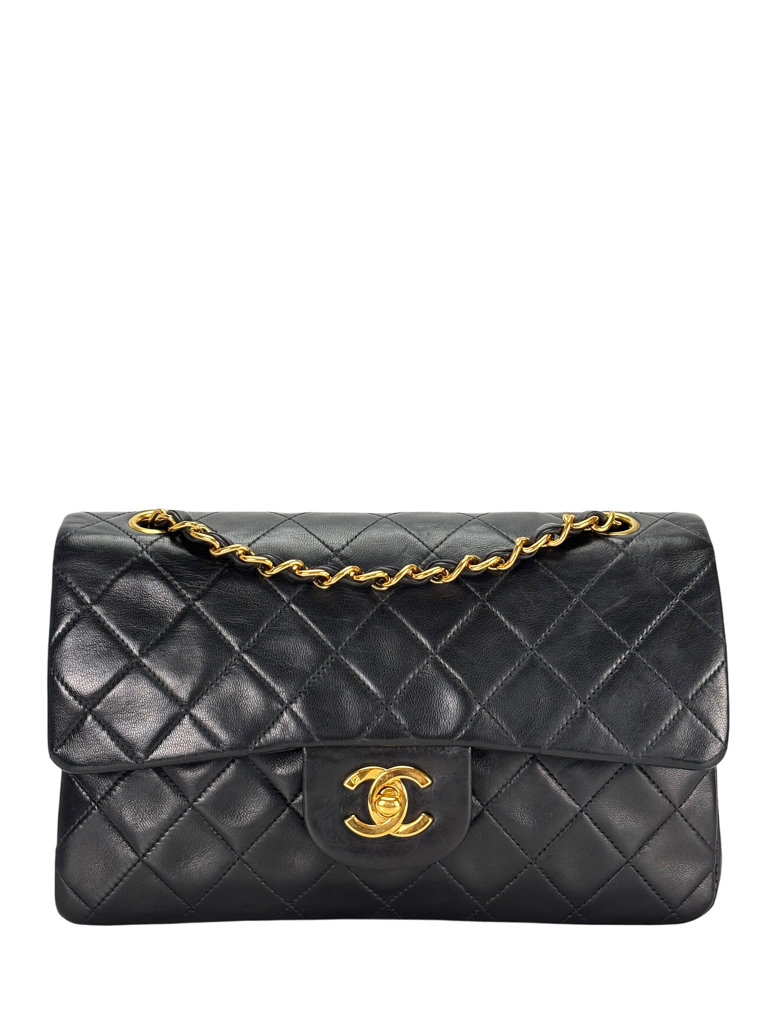 CHANEL - Small Classic Double Flap Bag Black Lambskin Gold Hardware (CF23)