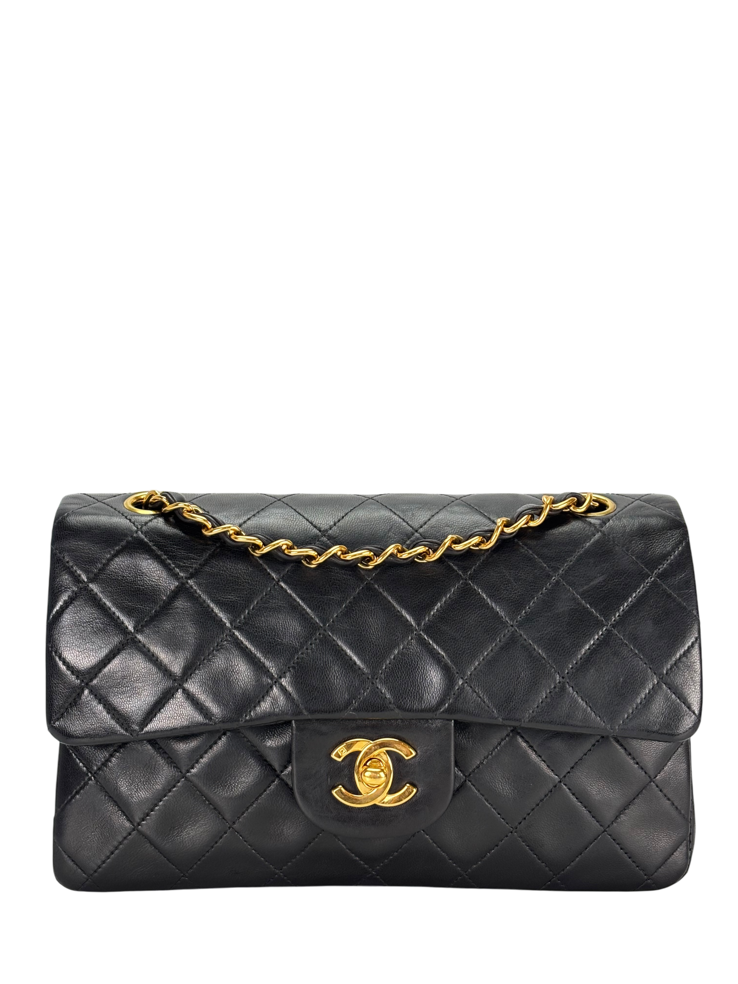 CHANEL - Small Classic Double Flap Bag Black Lambskin Gold Hardware (CF23)