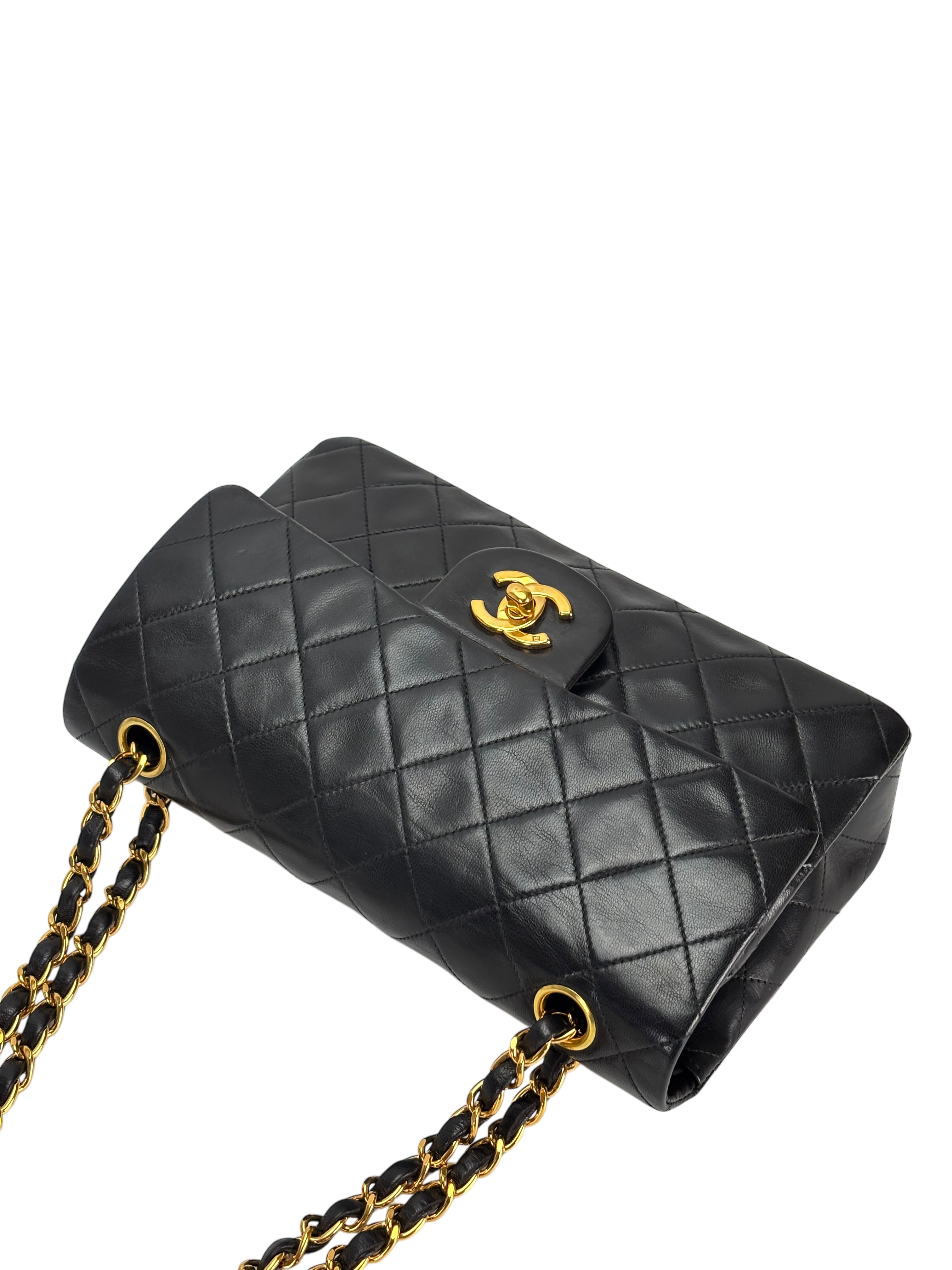 CHANEL - Small Classic Double Flap Bag Black Lambskin Gold Hardware (CF23)