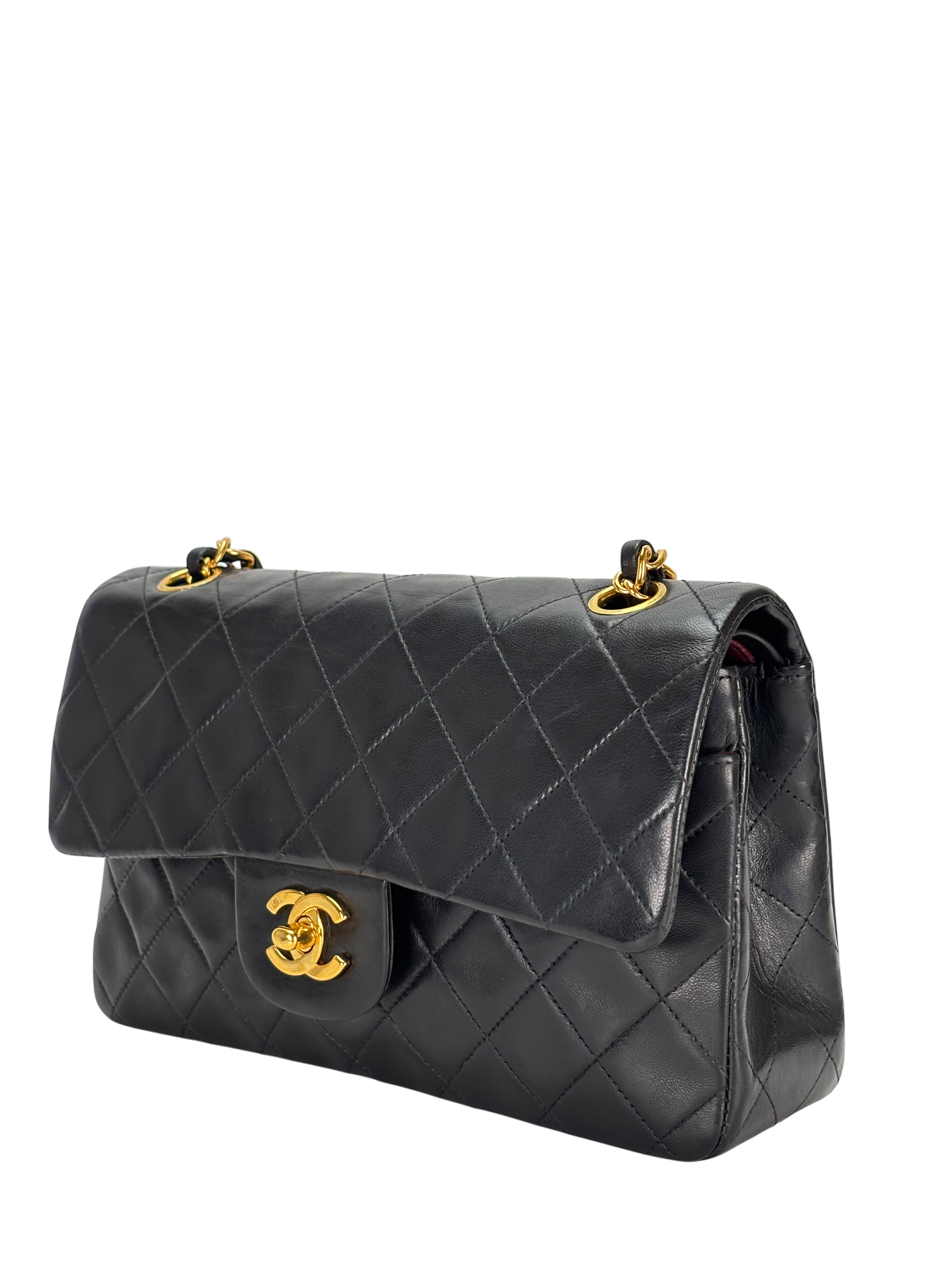 CHANEL - Small Classic Double Flap Bag Black Lambskin Gold Hardware (CF23)