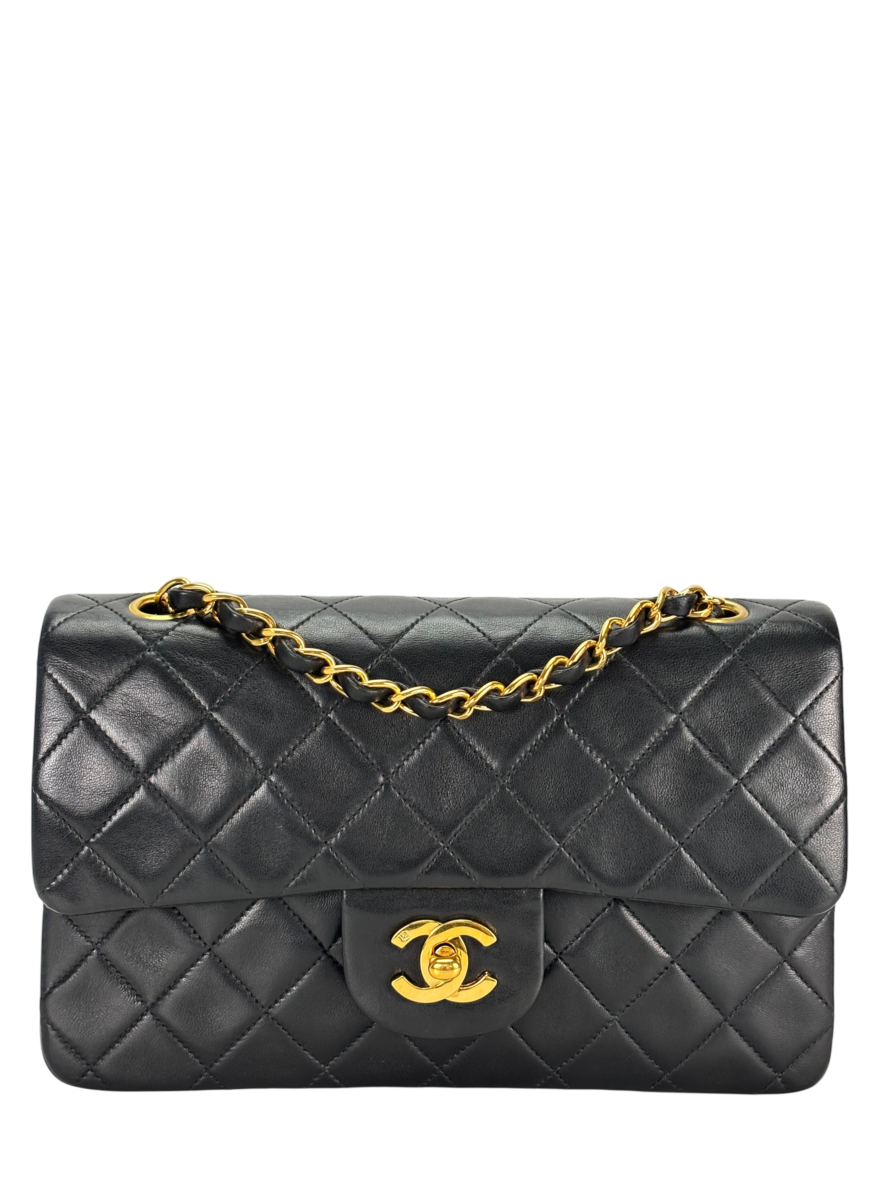 CHANEL - Small Classic Double Flap Bag Black Lambskin Gold Hardware (CF23)