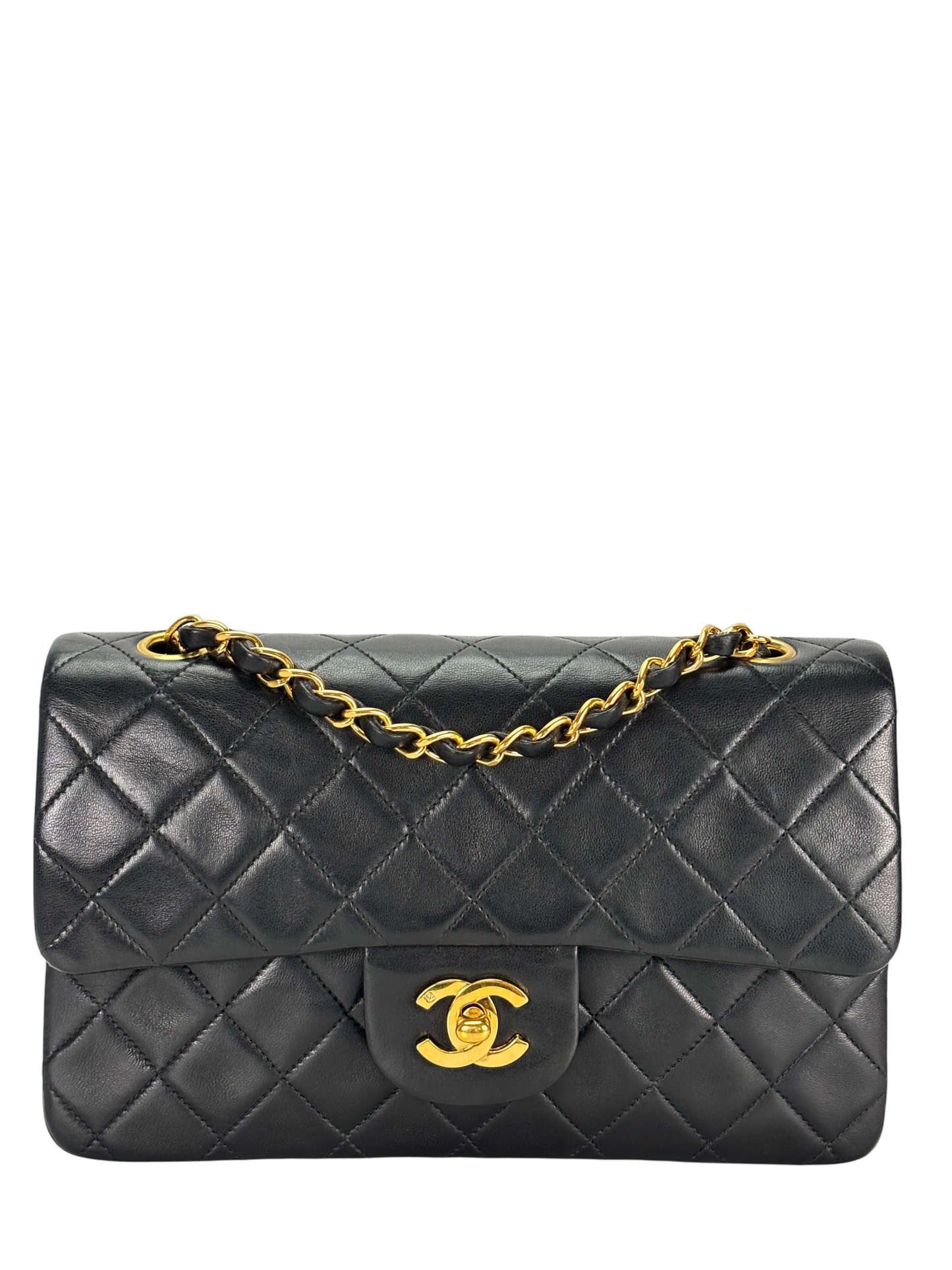 CHANEL - Small Classic Double Flap Bag Black Lambskin Gold Hardware (CF23)